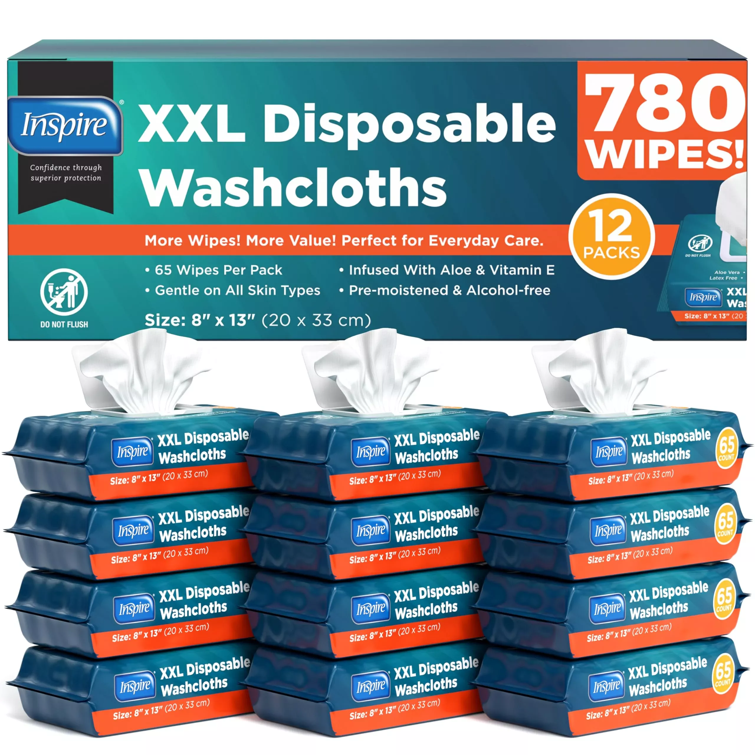 Inspire Adult Wet Wipes, Wash Cloths for Incontinence & Cleansing for Elderly, 8