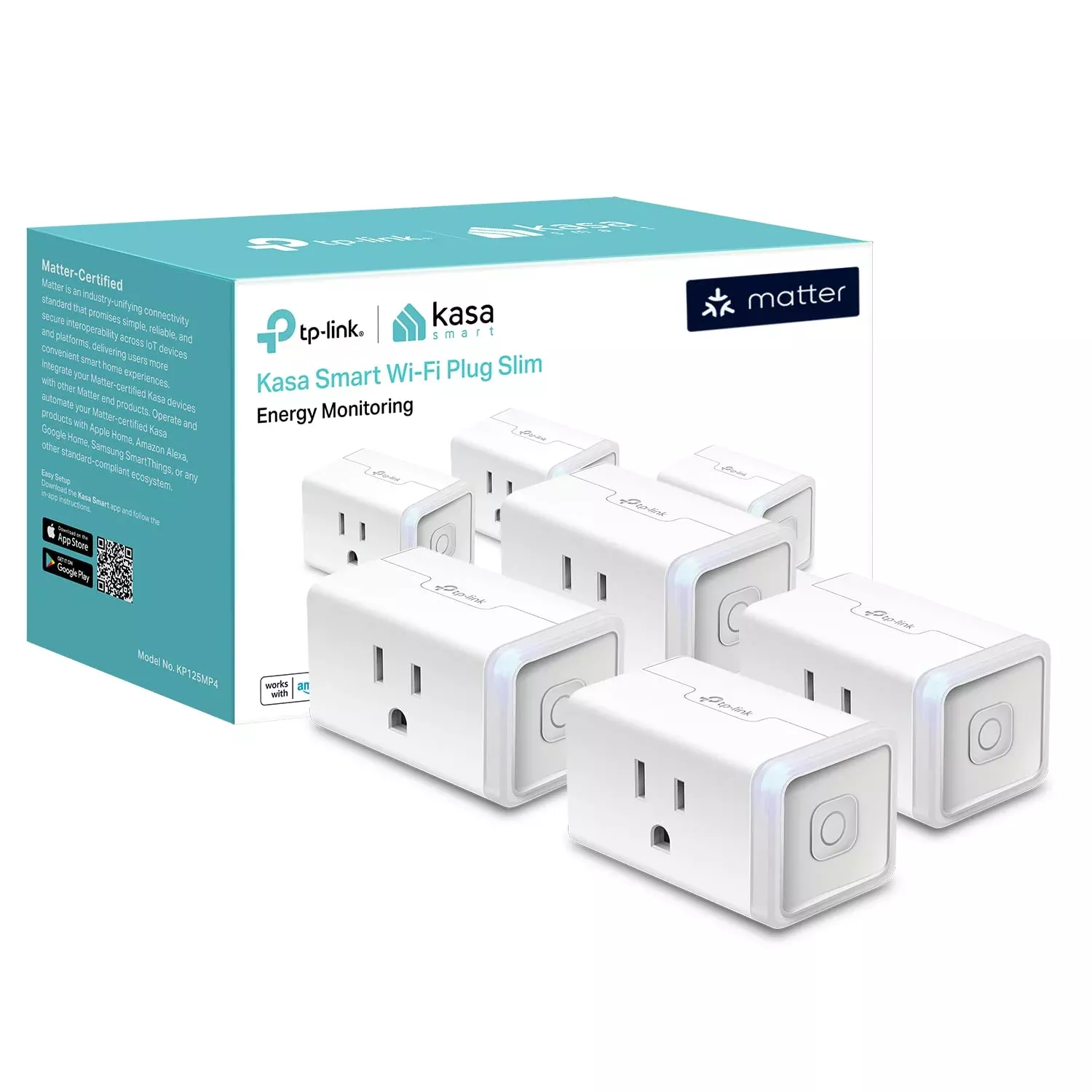 Kasa Matter Smart Plug w / Energy Monitoring, Compact Design, 15A /1800W Max, Super Easy Setup, Works with Apple Home, Alexa & Google Home, UL Certified, 2.4G Wi-Fi Only, White, KP125M (4-Pack)