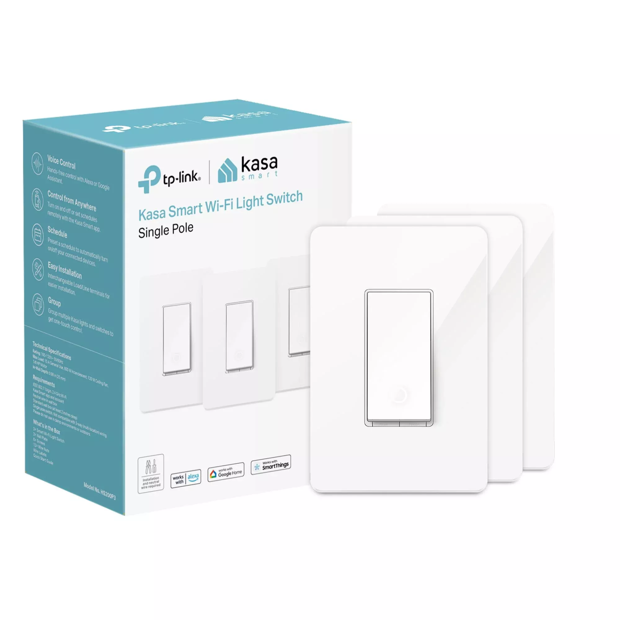 Kasa Smart Light Switch HS200P3, Single Pole, Needs Neutral Wire, 2.4GHz Wi-Fi Light Switch Compatible with Alexa and Google Home, UL Certified, No Hub Required, 3 Count -Pack of 1 , White