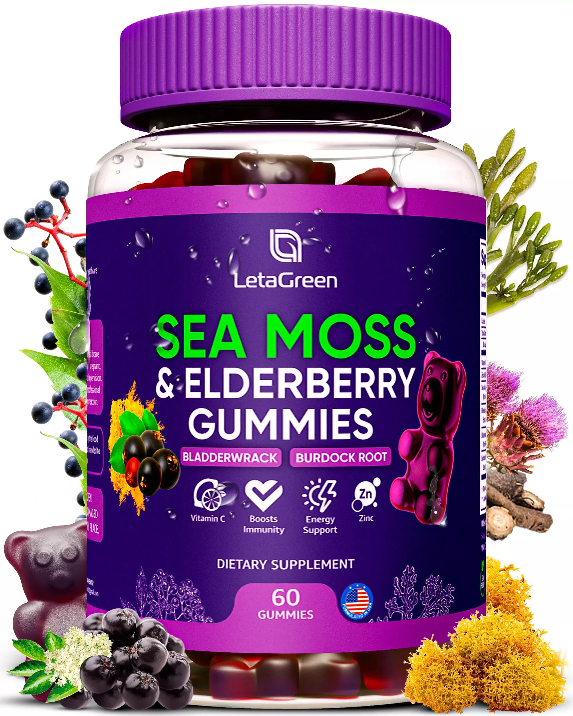 LetaGreen Irish Sea Moss Gummies – Bladderwrack Burdock Root Elderberry Vitamin C & Zinc – 60 Vegan Seamoss Gummy Bears for Adults Kids Men Women – Multimineral Elderberry Vitamins