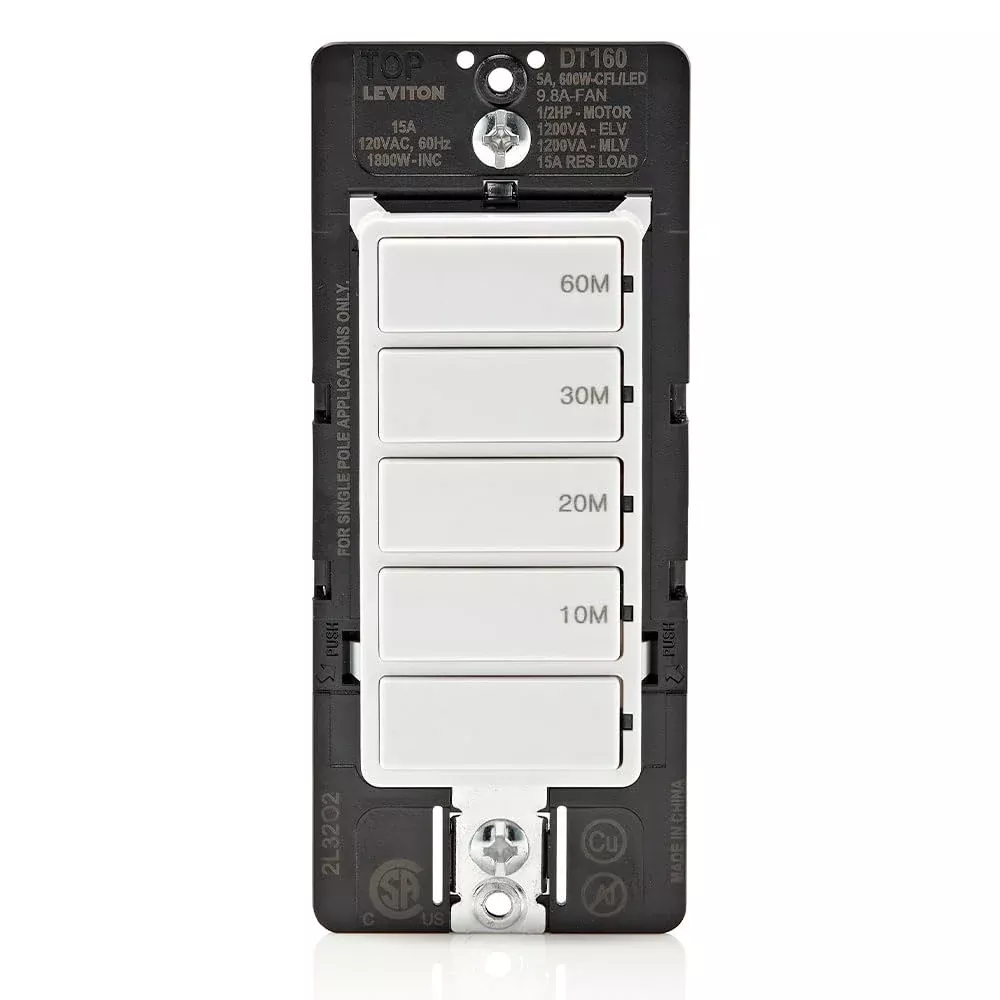 Leviton Countdown Timer Switch for bathroom fan and household lights, 10-20-30-60 min, No Neutral Required, Single Pole, 15A, 1 /2HP /9.8A Fan /Motor, DT160-1LW, White