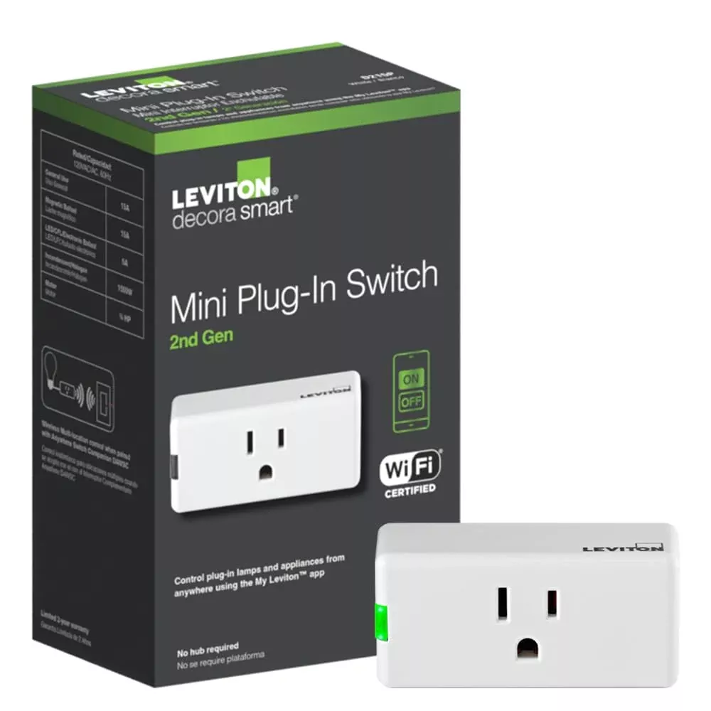 Leviton Decora Smart Plug, Wi-Fi 2nd Gen, Works with Matter, My Leviton, Alexa, Google Assistant, Apple Home /Siri & Wire-Free Anywhere Companions for Switched Outlet, D215P-1RW, White
