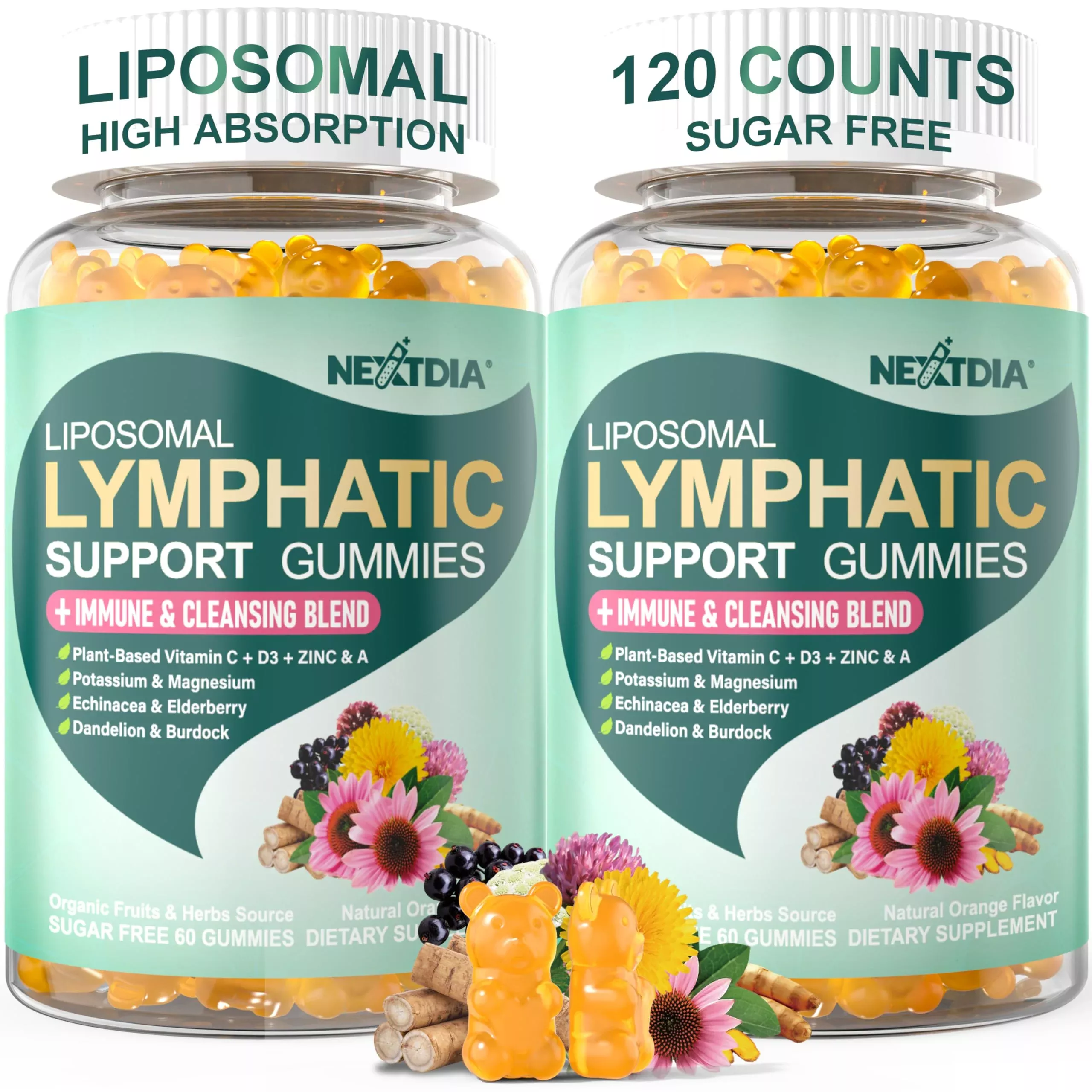 Liposomal Lymphatic Drainage Supplements Gummies - Complex w / Echinacea, Burdock Root, Dandelion, Cleavers, Vitamin C D3 Zinc, Potassium Magnesium for Lymph & Immune System Health Fluid Balance 120cts