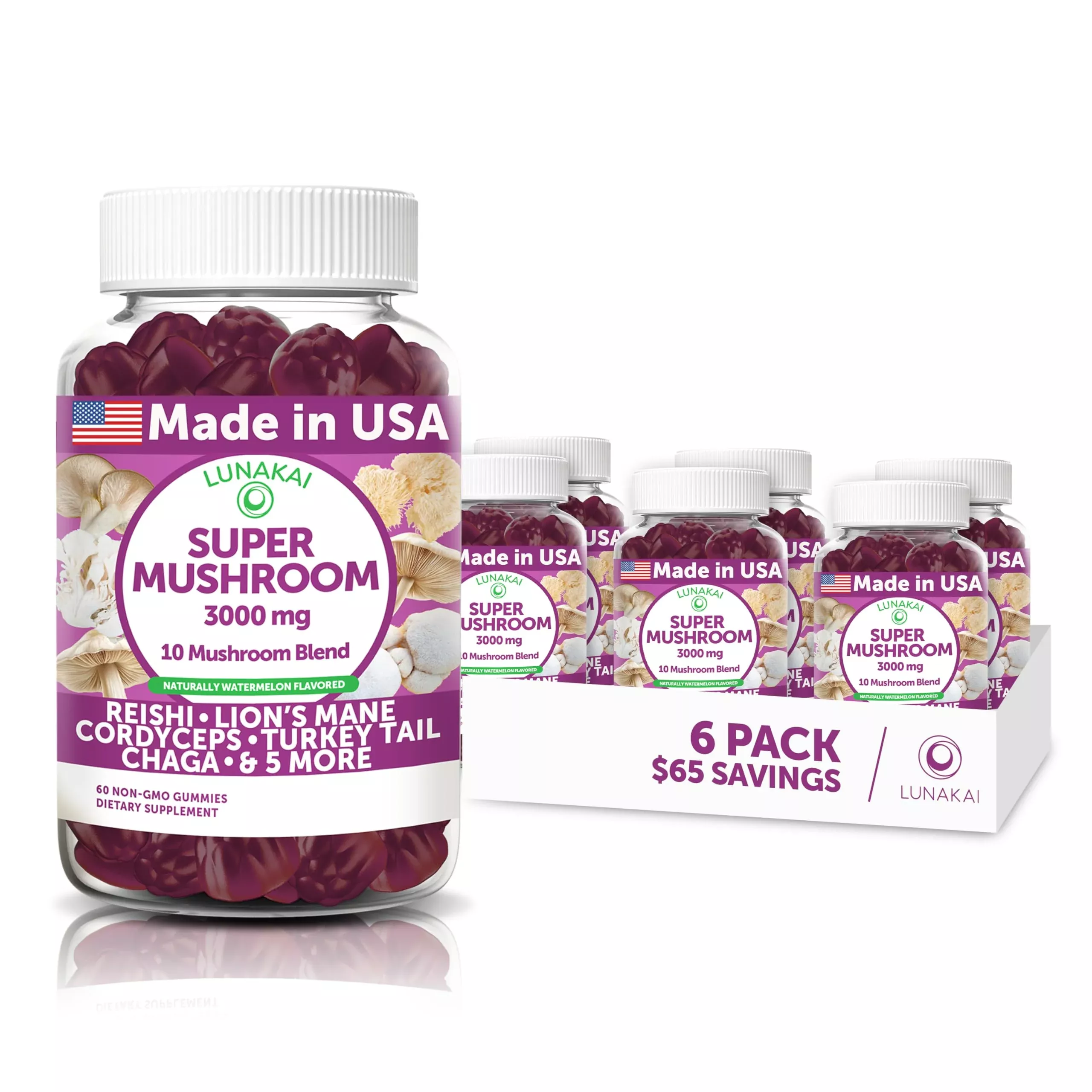 Lunakai USA Made Super Mushroom Gummies for Adults – 10-in-1 Adaptogenic Mushroom Supplement with Lion’s Mane – Daily Focus & Brain Support, 60ct