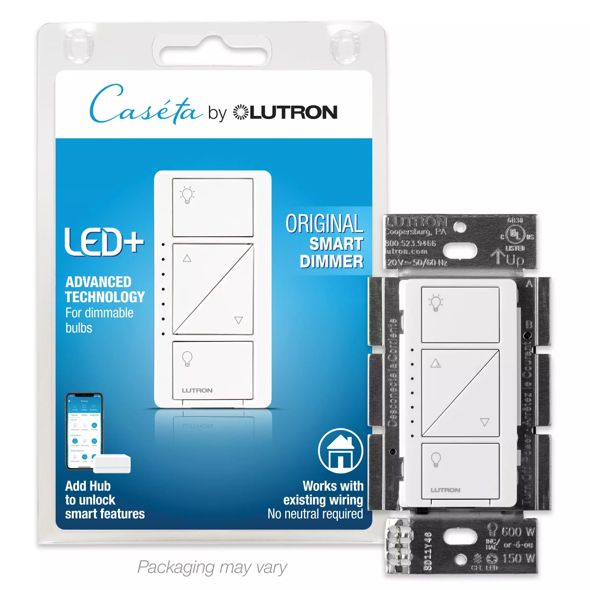 Lutron Caseta Original Smart Dimmer Switch, LED Dimmer Switch, 150W, Single-Pole /3-Way, No Neutral Required, Works with Alexa, Apple Home, Ring, & Google Home, PD-6WCL-WH, White