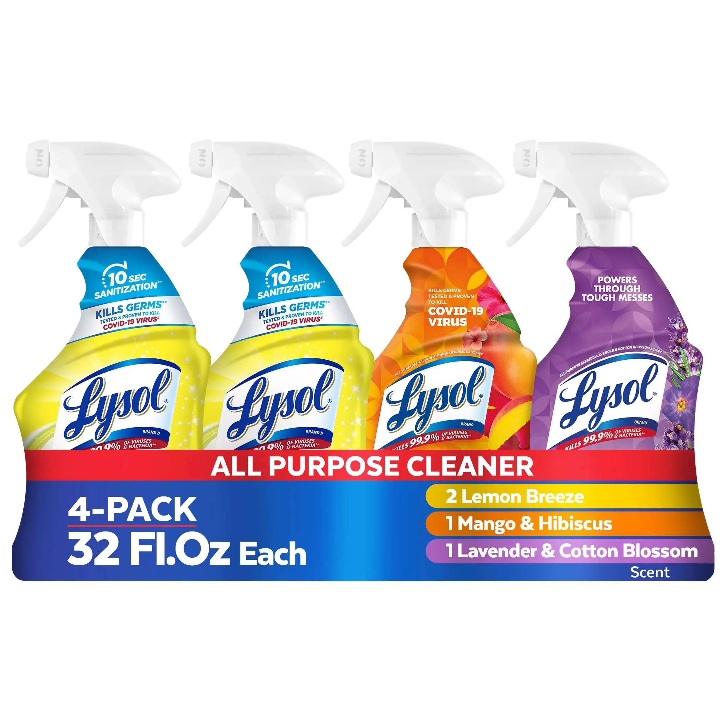 Lysol All Purpose Cleaner Spray, Multi-Purpose Disinfecting Spray, Kitchen & Bathroom Cleaner, Lemon Breeze, Lavender, Mango 32oz (Pack of 4)