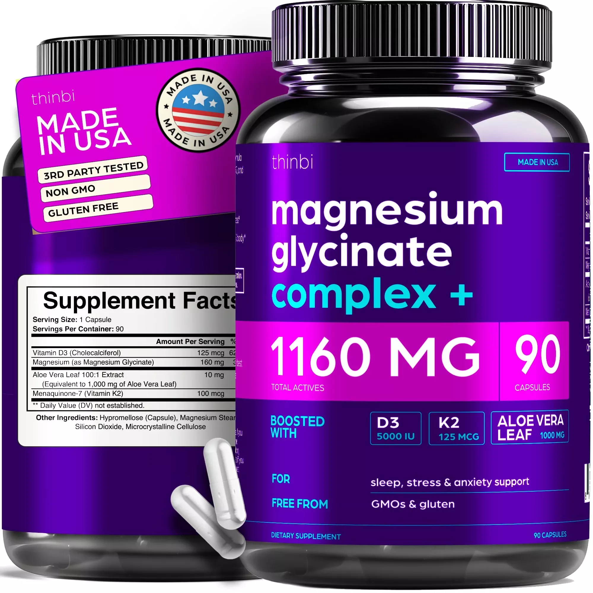 Magnesium Glycinate 1160mg + Aloe Vera, D3 & K2 Complex 90 Capsules - High Absorption, Non-Laxative - Supports, Muscle Function & Healthy Metabolism Chelated Formula
