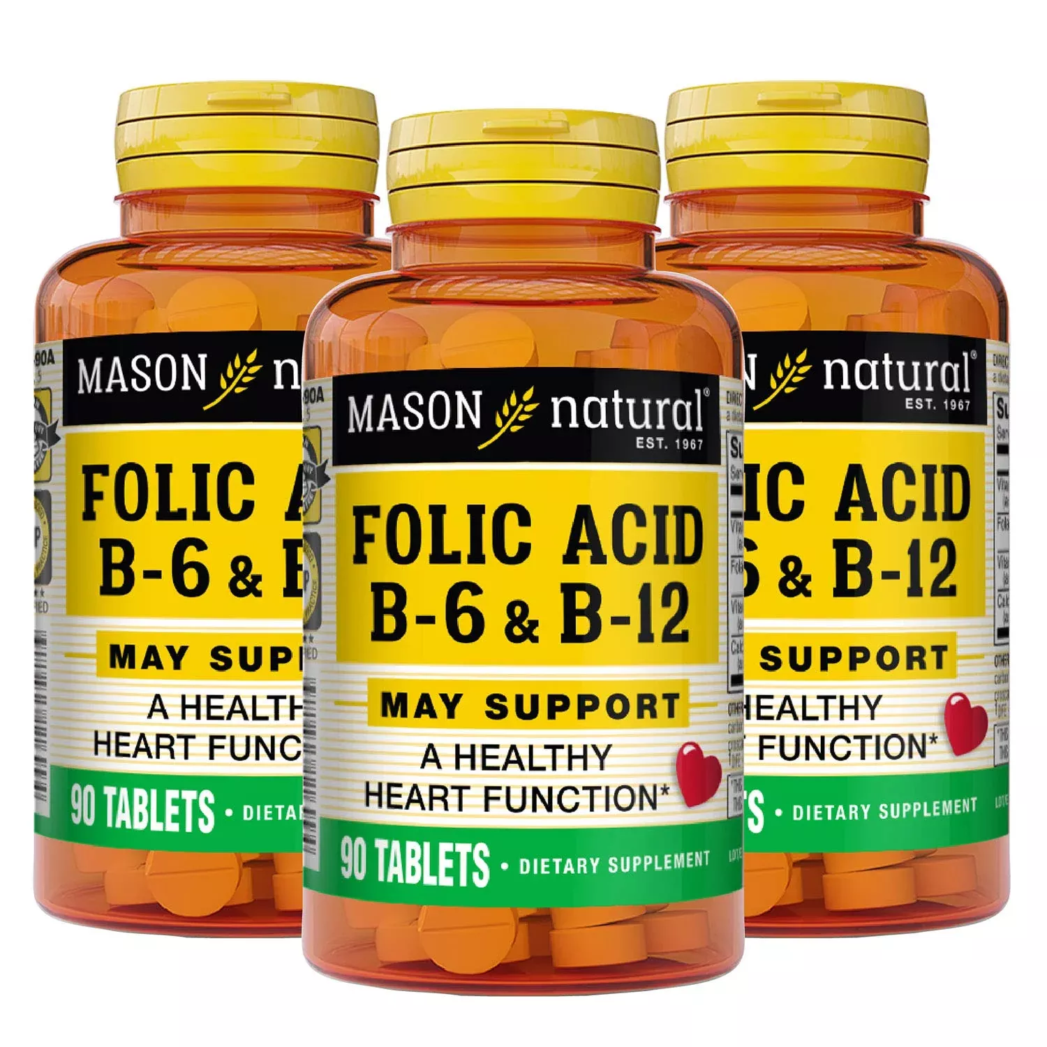MASON NATURAL Heart Formula B6 /B12 /Folic Acid Tablets, Dietary Supplement Supports Cardiovascular Health, Red Blood Cell Formation, Metabolic Function, 90 Count (Pack of 3)