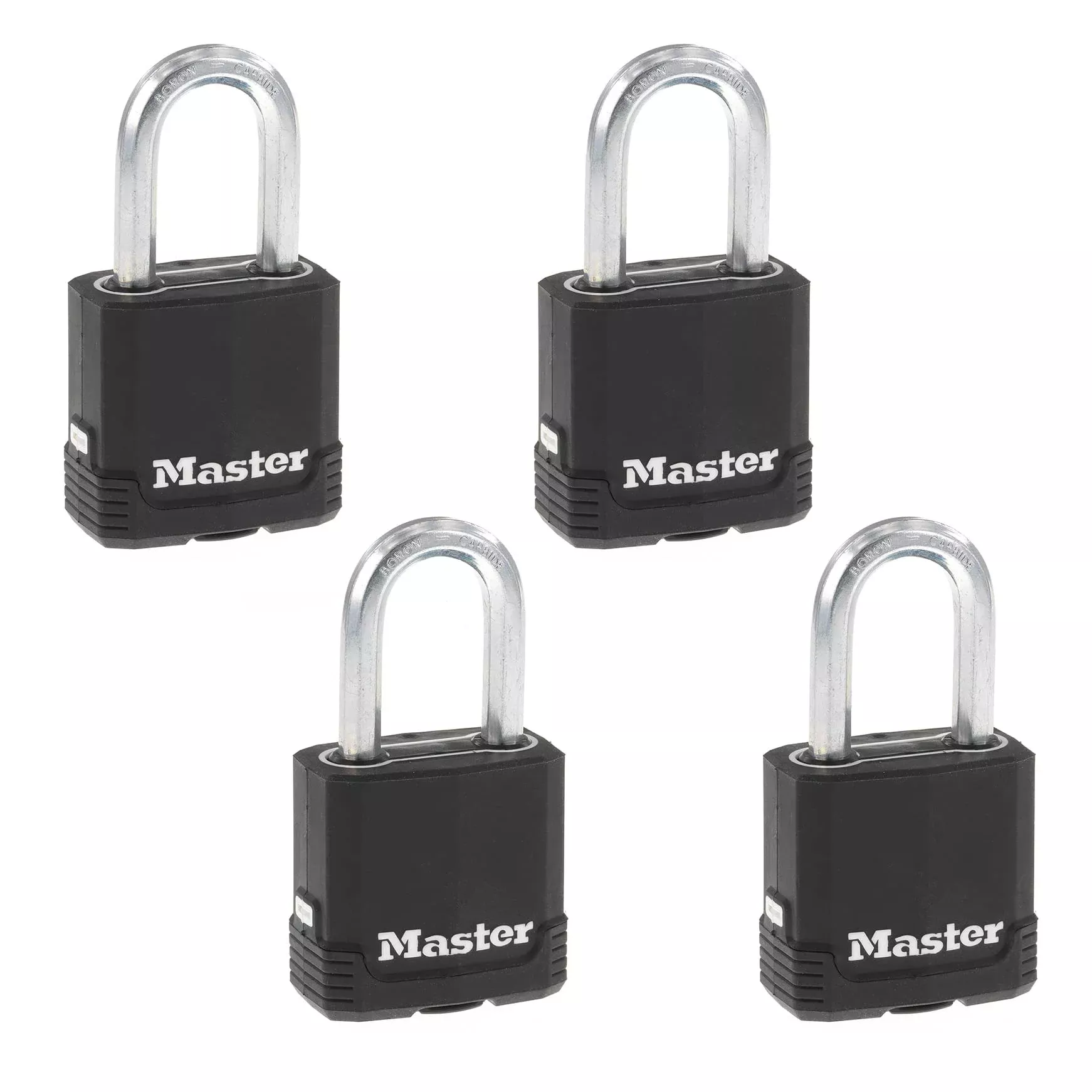 Master Lock Black Key Lock, Heavy Duty Weather Resistant Padlock with Cover, Keyed Alike Padlocks for Outdoor Use, 4 Pack, M115XQLF