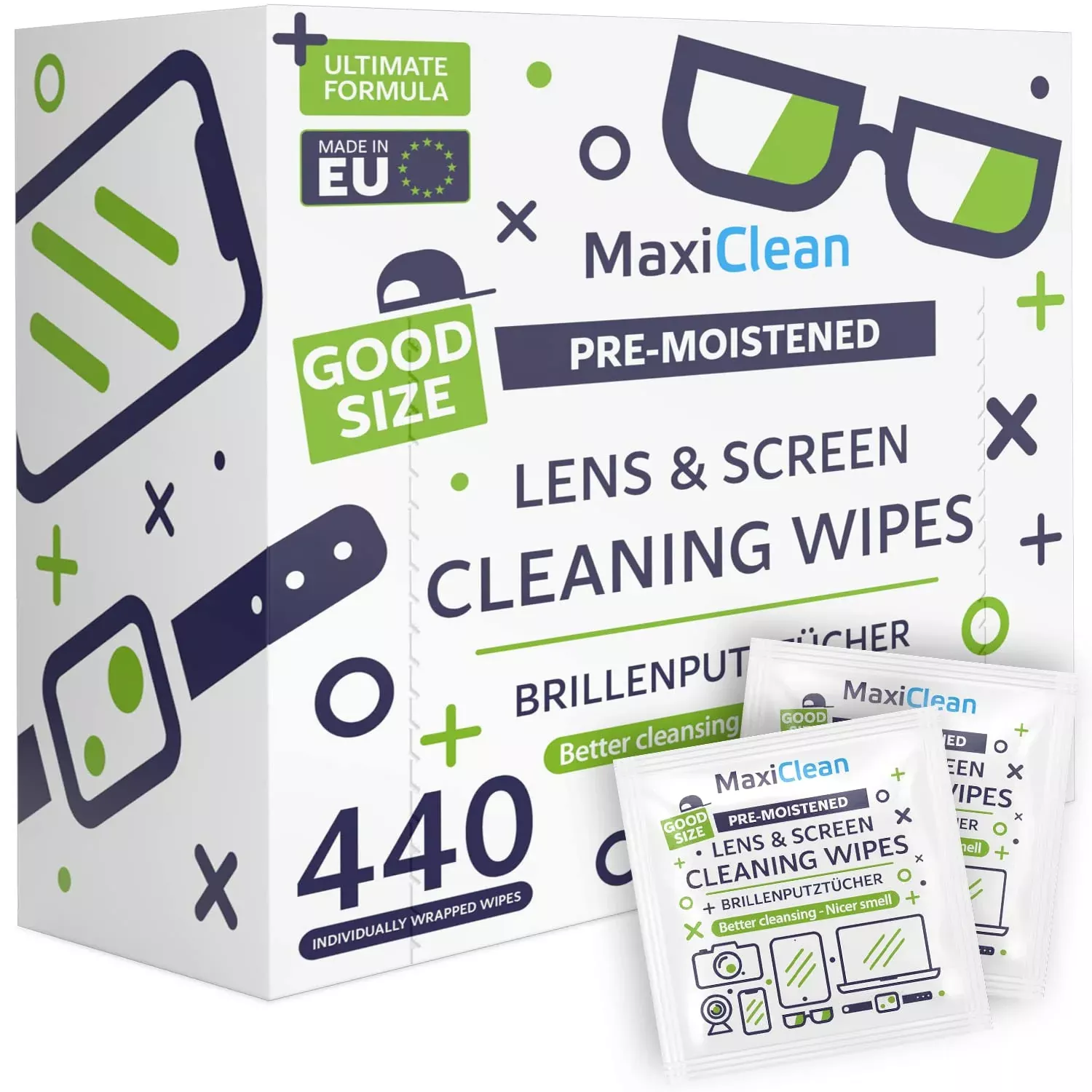 MAXI CLEAN 440 Pack Lens Wipes for Eyeglasses Pre-Moistened, Individually Wrapped Streak-Free Cleaning for Glasses & Laptop Screens, Glasses Cleaner Wipe Bulk 5.5 x 4.7 Inch, Sunglasses & Phone Wipe