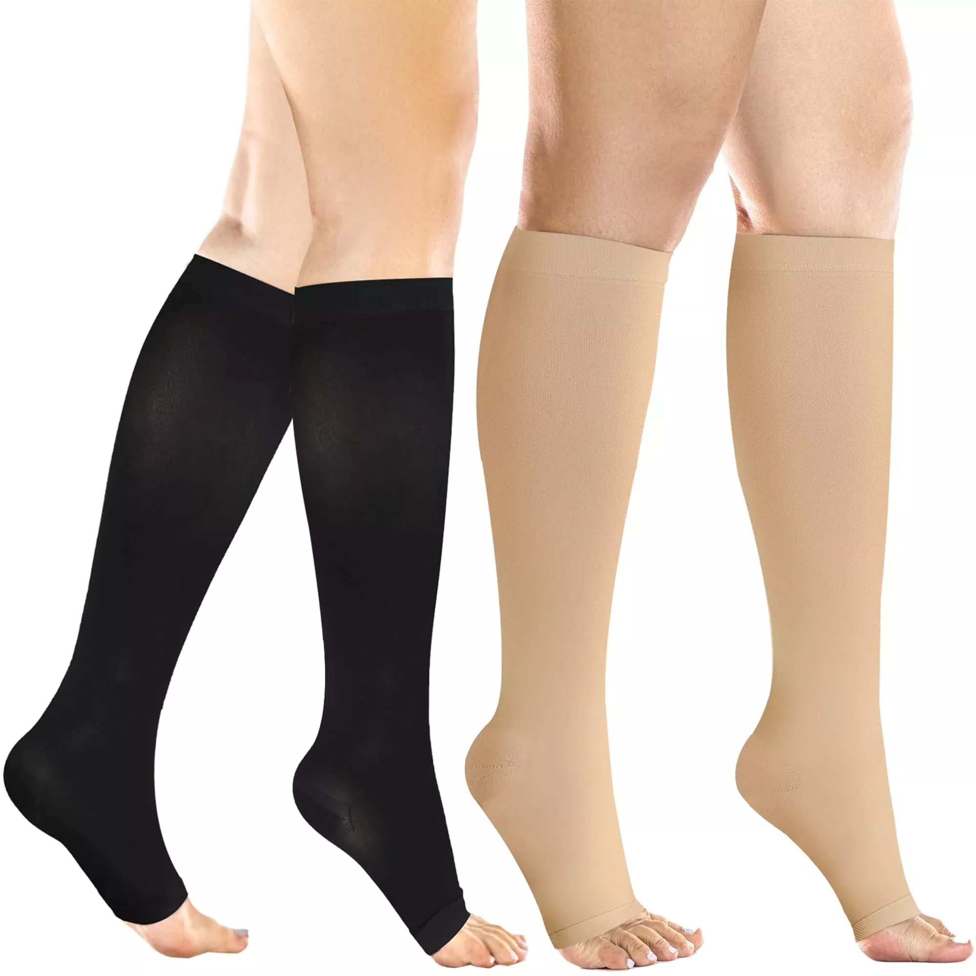 +MD 2 Pairs 20-30 mmHg Compression Socks for Women & Men, Knee High Open Toe Stockings, Graduated Support & Comfort Hose Nude / Black, 3X-Large