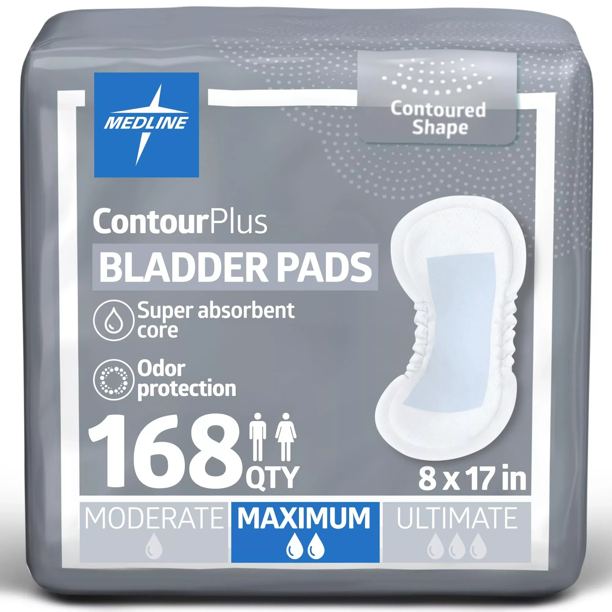 Medline ContourPlus Bladder Control Incontinence Pads, Maximum Absorbency, 6.5