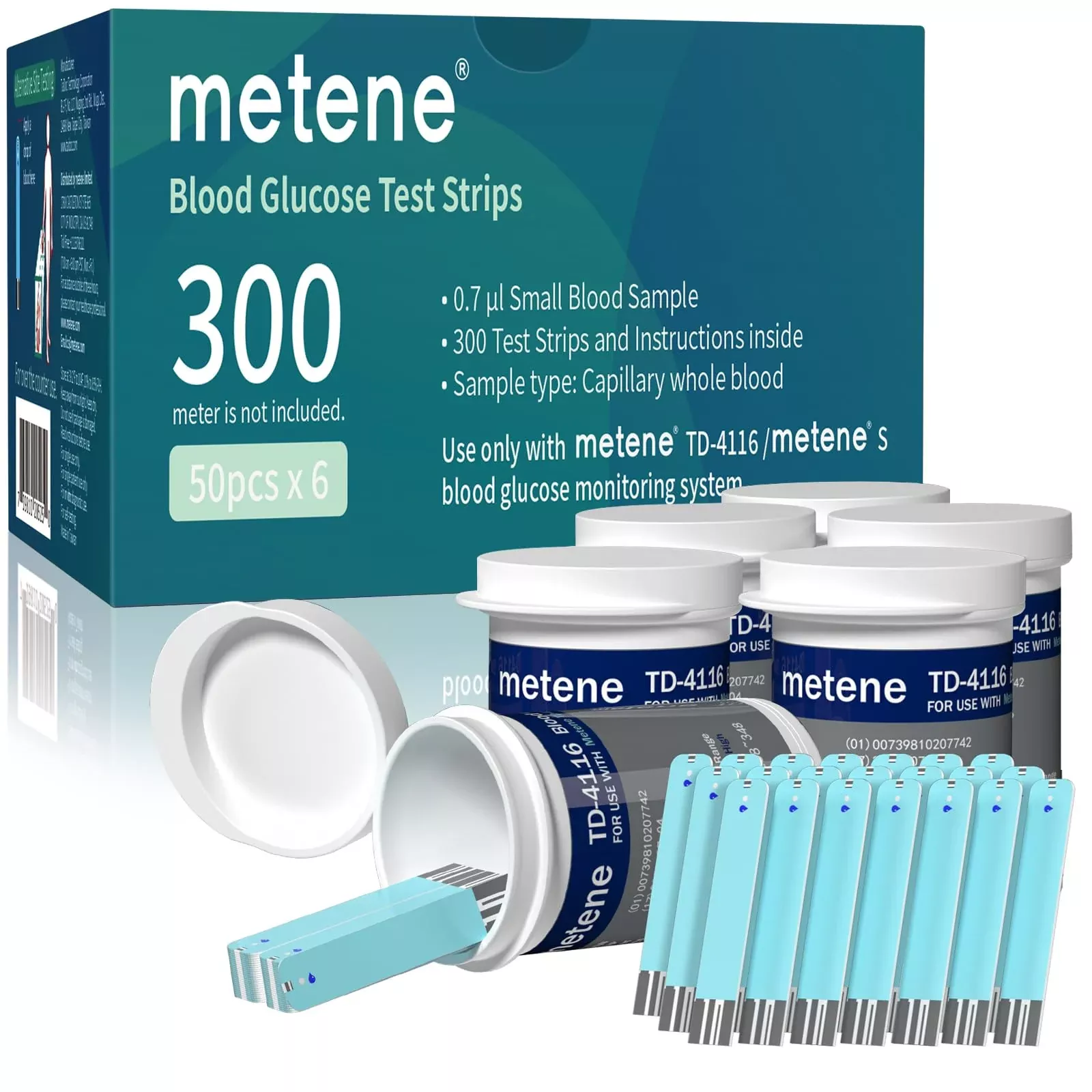 Metene TD-4116 Blood Glucose Test Strips, 300 Count Test Strips for Diabetes, Use with metene TD-4116 and metene S Blood Glucose Monitor Only(No Monitor)