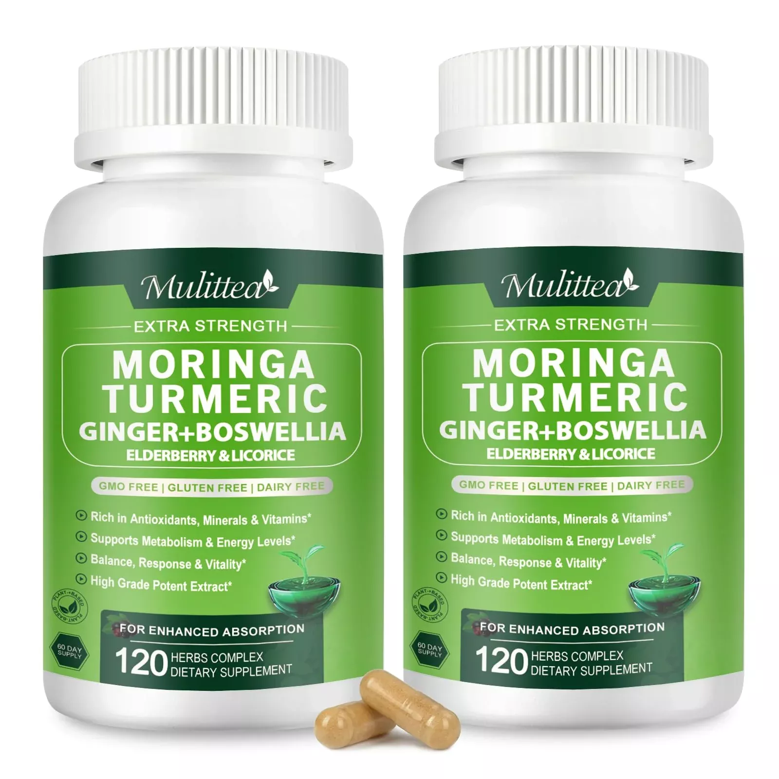 Moringa Capsules Organic 1000mg, 7-in-1 Superfood with Turmeric, Ginger, Elderberry, Licorice & Boswellia - Support Immune, Skin, Gut & Antioxidant-Non-GMO, GMP, 120 Vegan Capsules, 2 Months Supply