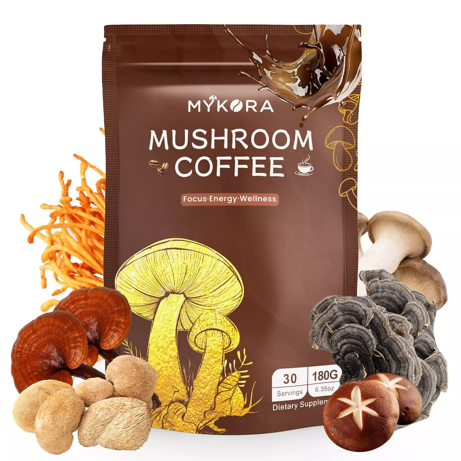 Mushroom Coffee 2000mg, Organic Instant Coffee with 6 Adaptogenic Mushrooms (Lion’s Mane & Turkey Tail), with MCT Oil & Coconut, for Focus, Energy, Digestion & Immune Support, 30 Servings