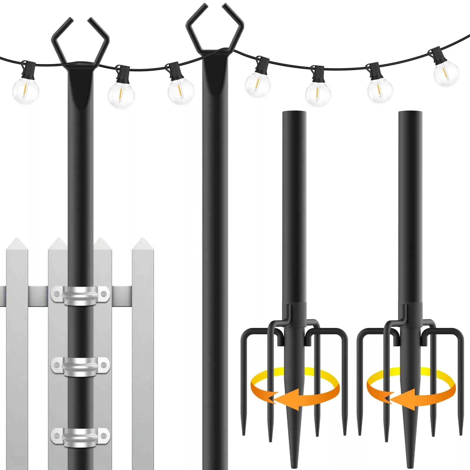 Mutovlin 2 Pack String Light Poles,10 Ft Light Poles for Outside String Lights,Outdoor Lights Pole with Fork,Metal Poles Stand for Patio Deck Backyard (10FT 2 Pack)