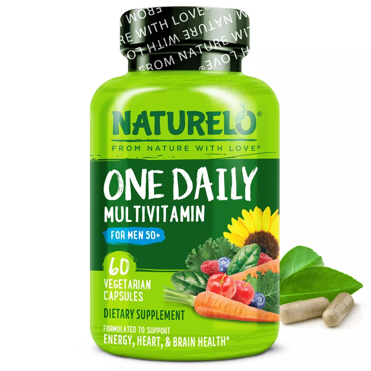 NATURELO Mens Multivitamins for Men 50+ - One Daily Multivitamin for Men with Vitamins, Minerals & Organic Whole Foods, Boost Energy & Health, Non-GMO, 120 Vegetarian Capsules