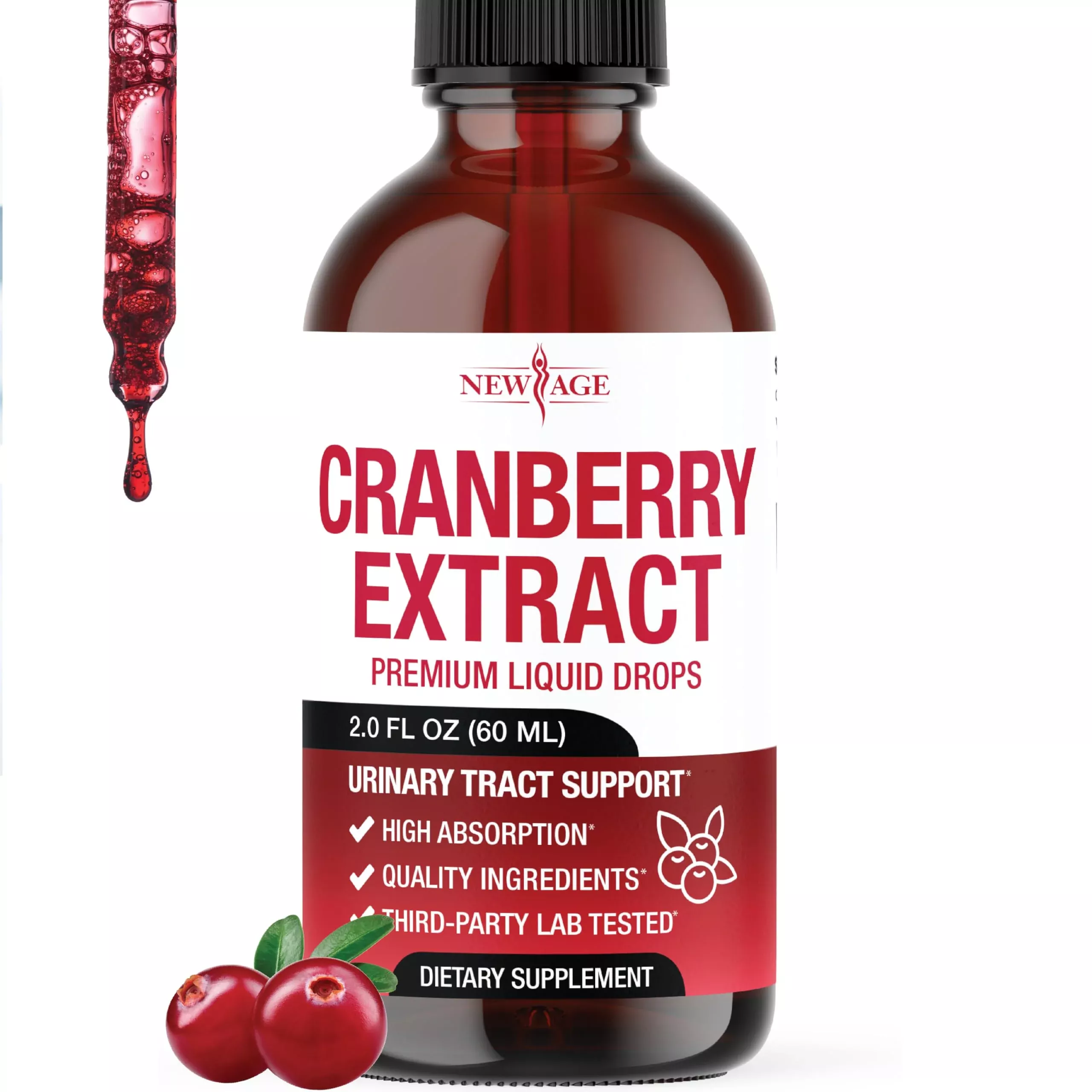 NEW AGE Cranberry Concentrate Liquid Drops – Cranberry Drops (Vaccinium macrocarpon) Extract – Urinary Tract & Bladder Support, Antioxidant Protection – Vegan, Alcohol-Free, Sugar-Free – 4 fl oz