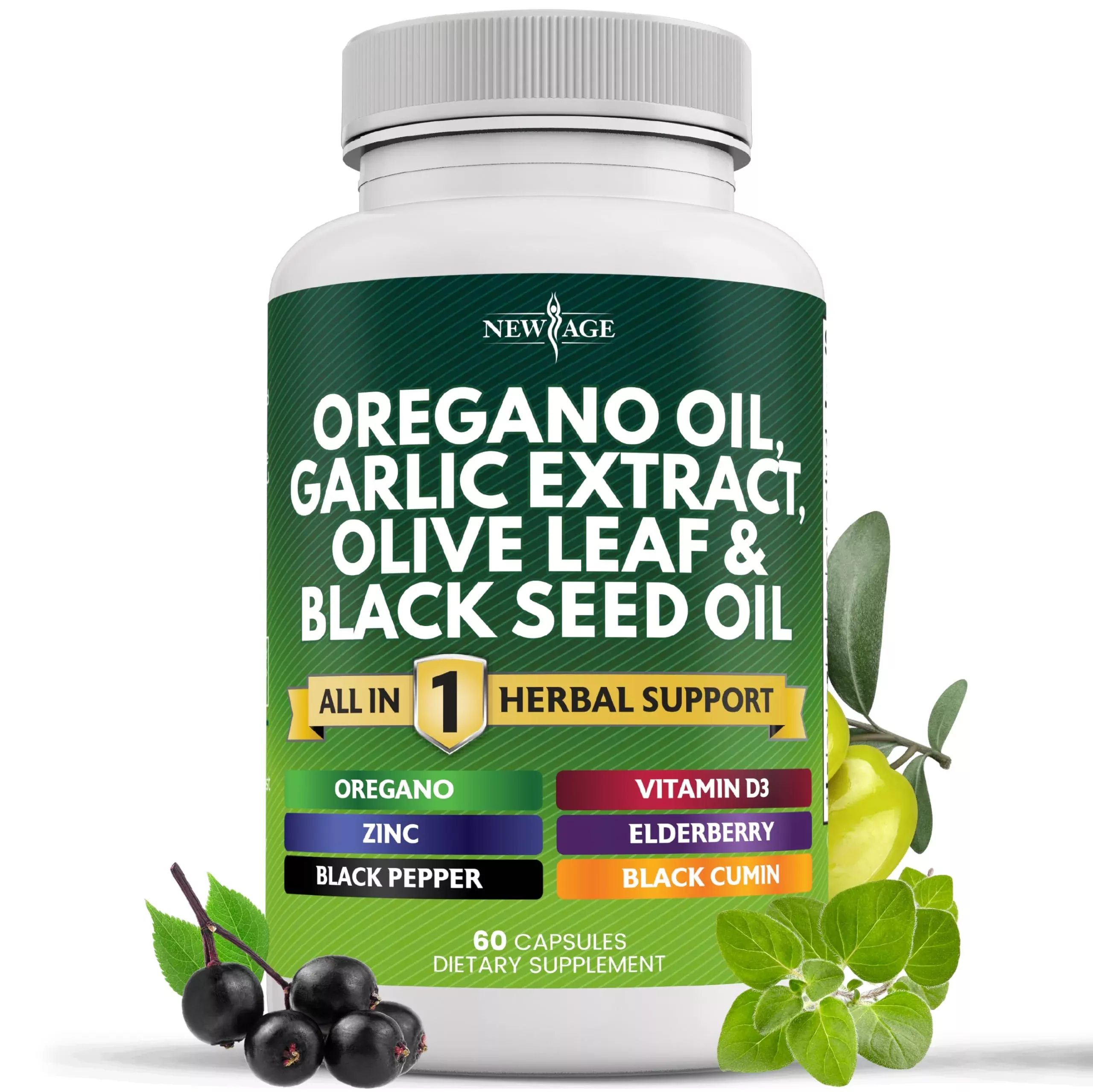 NEW AGE Oregano Oil Garlic Extract Olive Leaf with Astragalus - Supplement for Women and Men - 180 Count