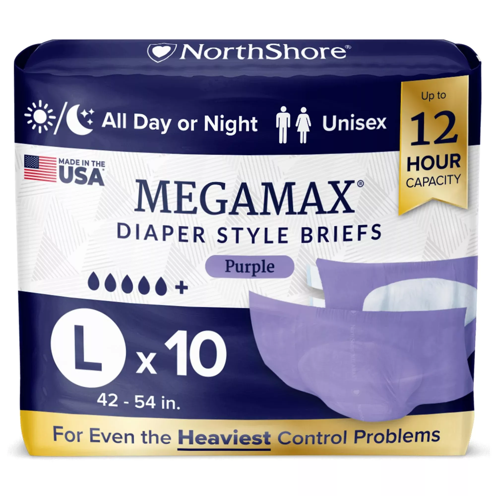 NorthShore MegaMax Made in USA 12-Hour HBL Adult Diapers for Heavy Bladder Leaks, Large, 4 Count, Purple, 42-54 inches, Tab-Style Incontinence Underwear for Men, Women & Teens