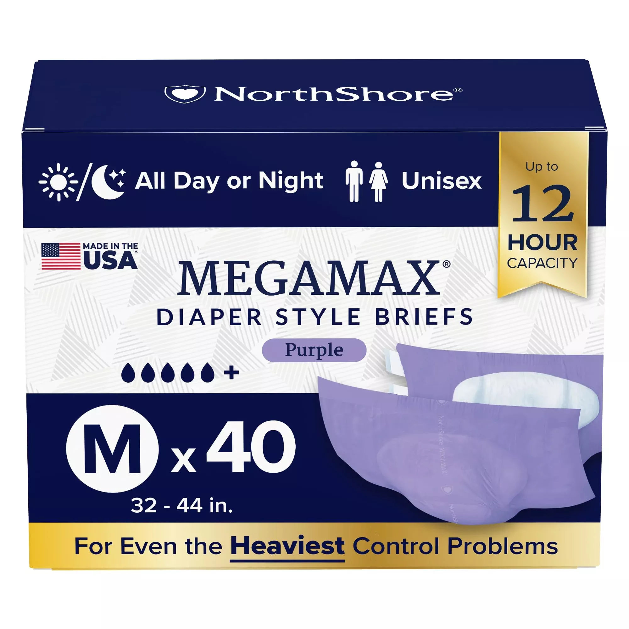 NorthShore MegaMax Made in USA 12-Hour HBL Adult Diapers for Heavy Bladder Leaks, Medium, 4 Count, Purple, 32-44 inches, Tab-Style Incontinence Underwear for Men, Women & Teens