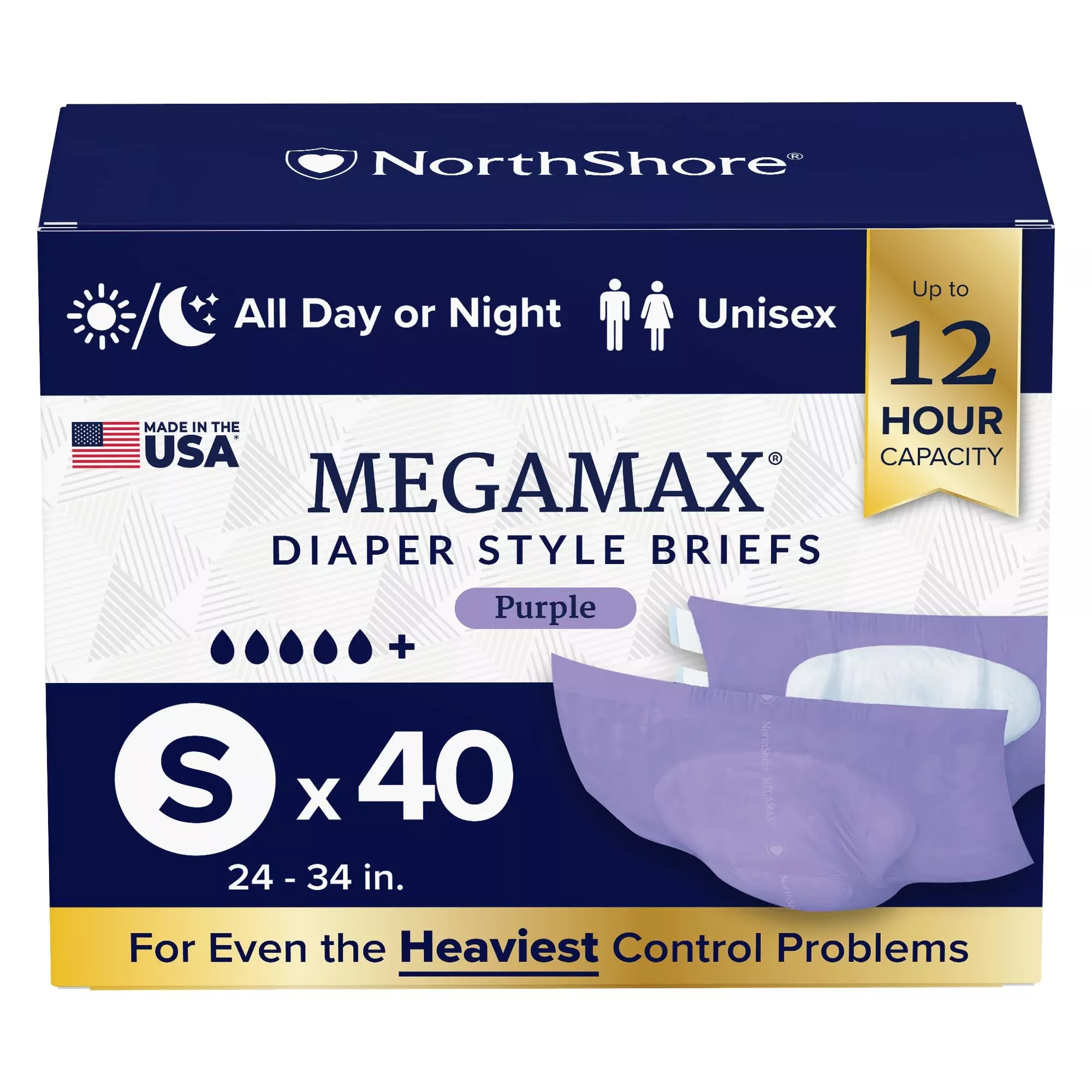 NorthShore MegaMax Made in USA 12-Hour HBL Adult Diapers for Heavy Bladder Leaks, Small, 4 Count, Purple, 24-34 inches, Tab-Style Incontinence Underwear for Men, Women & Teens
