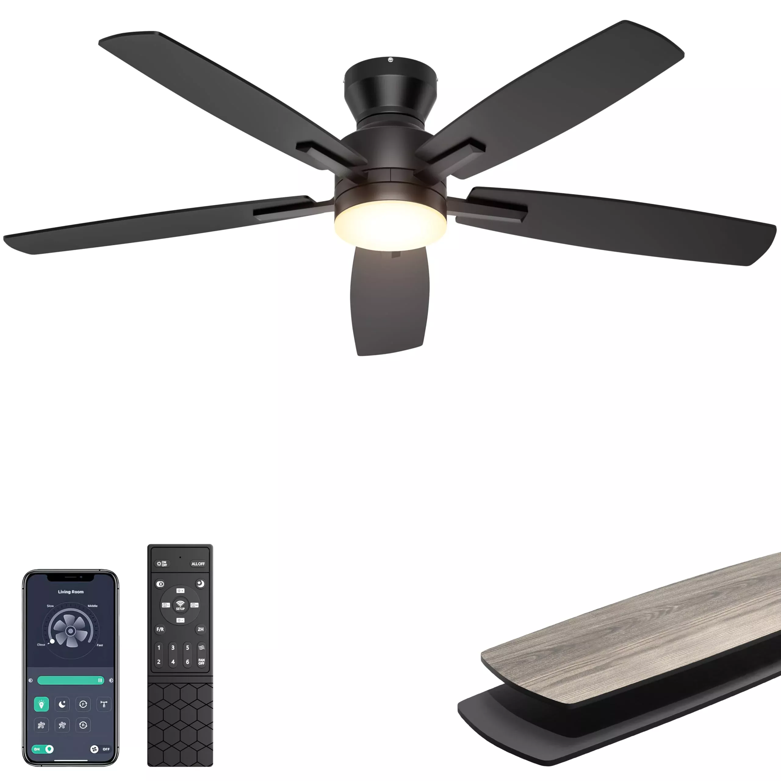 Ohniyou Ceiling Fans with Lights, 52'' Low Profile Ceiling Fan with Light and Remote /APP Control, Modern Flush Mount Ceiling Fan for Indoor Bedroom Living Room, Dimmable, Quiet DC Motor, Black