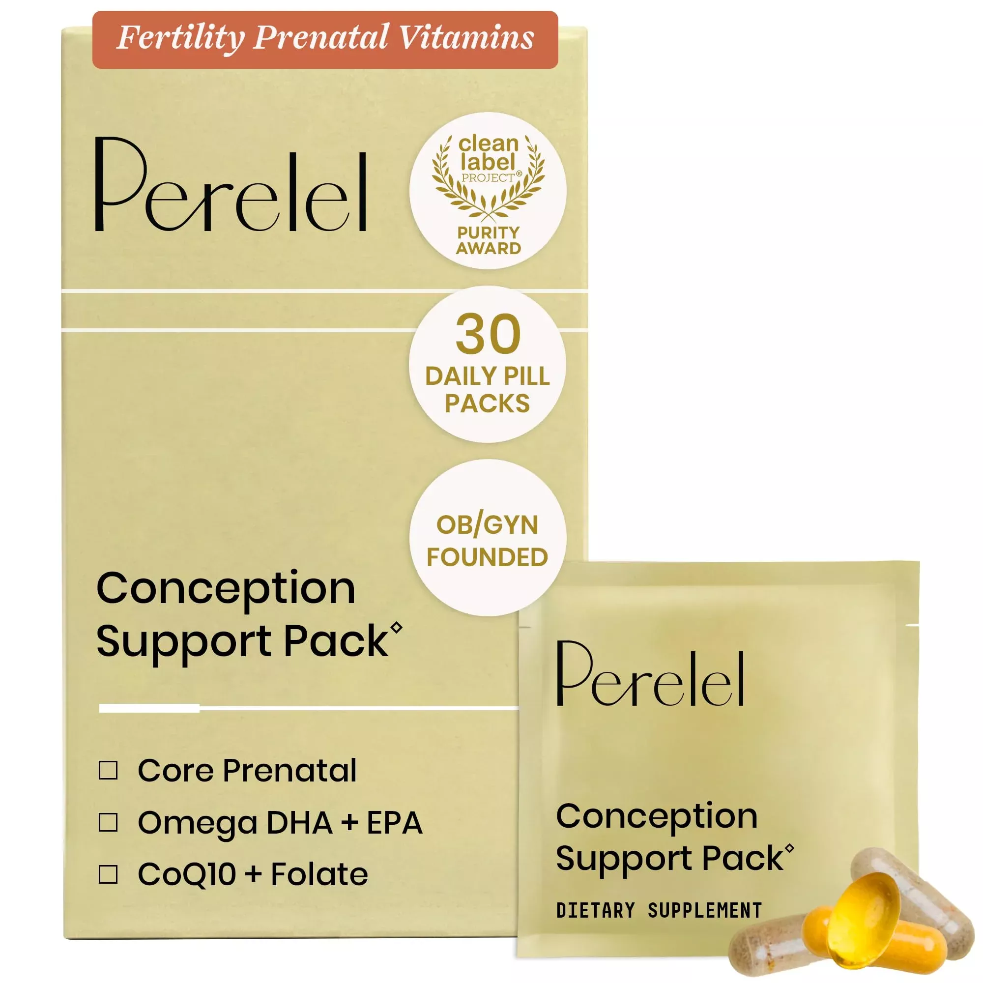 Perelel Conception Support Pack, Prenatal Multivitamin with DHA Omega 3, COQ10 & Folate, Supports Fertility Wellness for Women, Soy & Gluten Free, Non GMO, 30 Daily Pill Packs