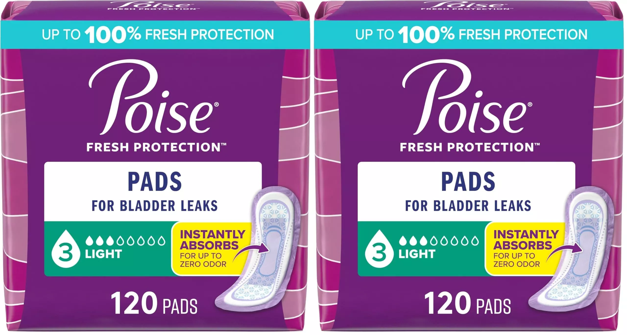 Poise Incontinence Pads & Postpartum Incontinence Pads, 3 Drop Light Absorbency, Regular Length, 120 Count, Packaging May Vary (Pack of 2)