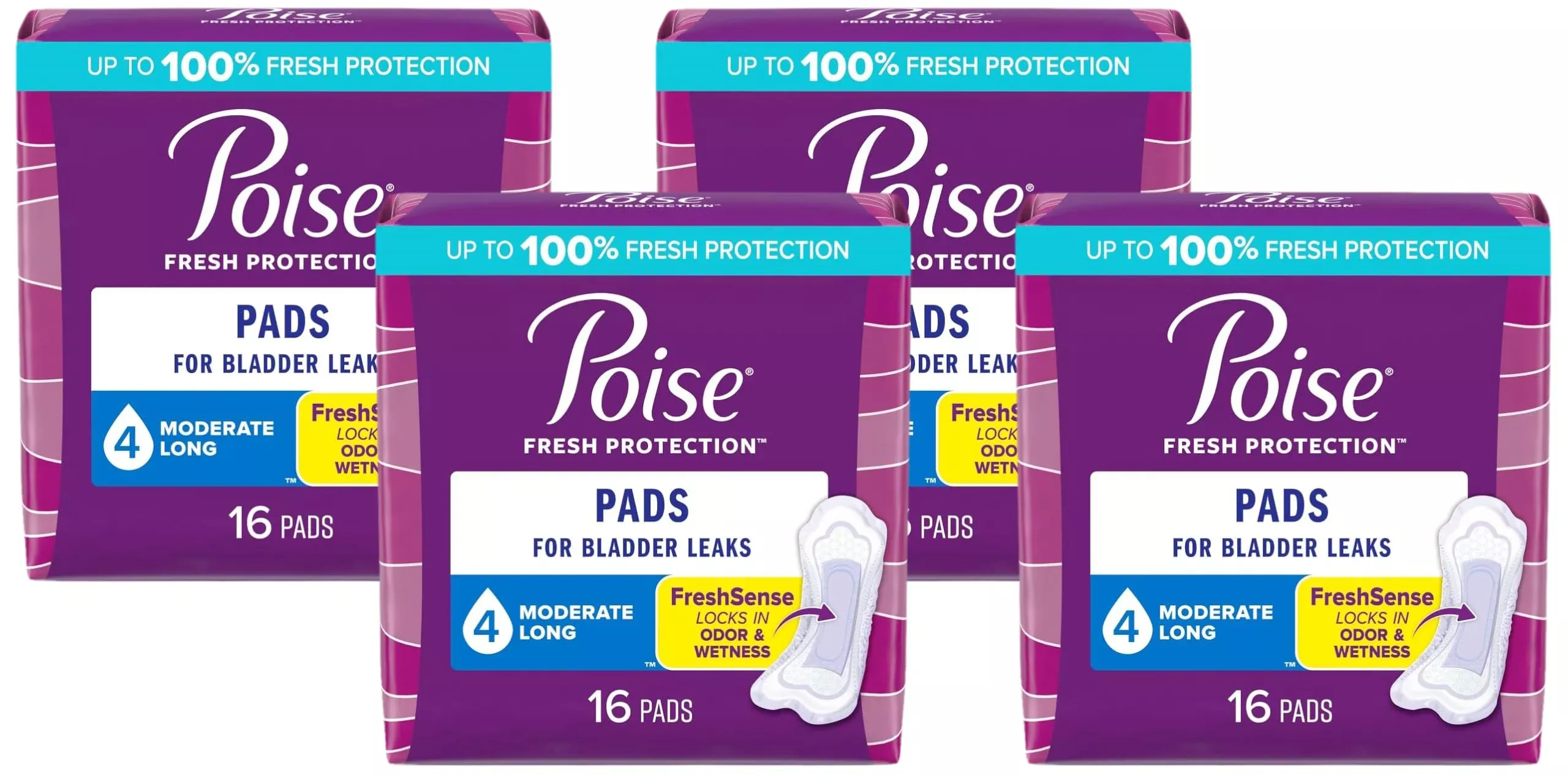 Poise Incontinence Pads & Postpartum Incontinence Pads, 4 Drop Moderate Absorbency, Long Length, 16 Count, Packaging (Pack of 4)