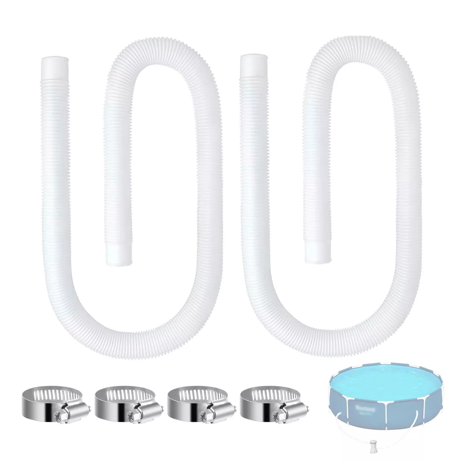 Pool Hose Compatible with Bestway Above Ground Pools, Pool Filter Hose Replacement, 1.25 x 59 Inch Pump Hoses, Compatible with Intex Pump Models 607, 637, 2 Pack 1 1 /4 Hoses with 4 Metal Clamps