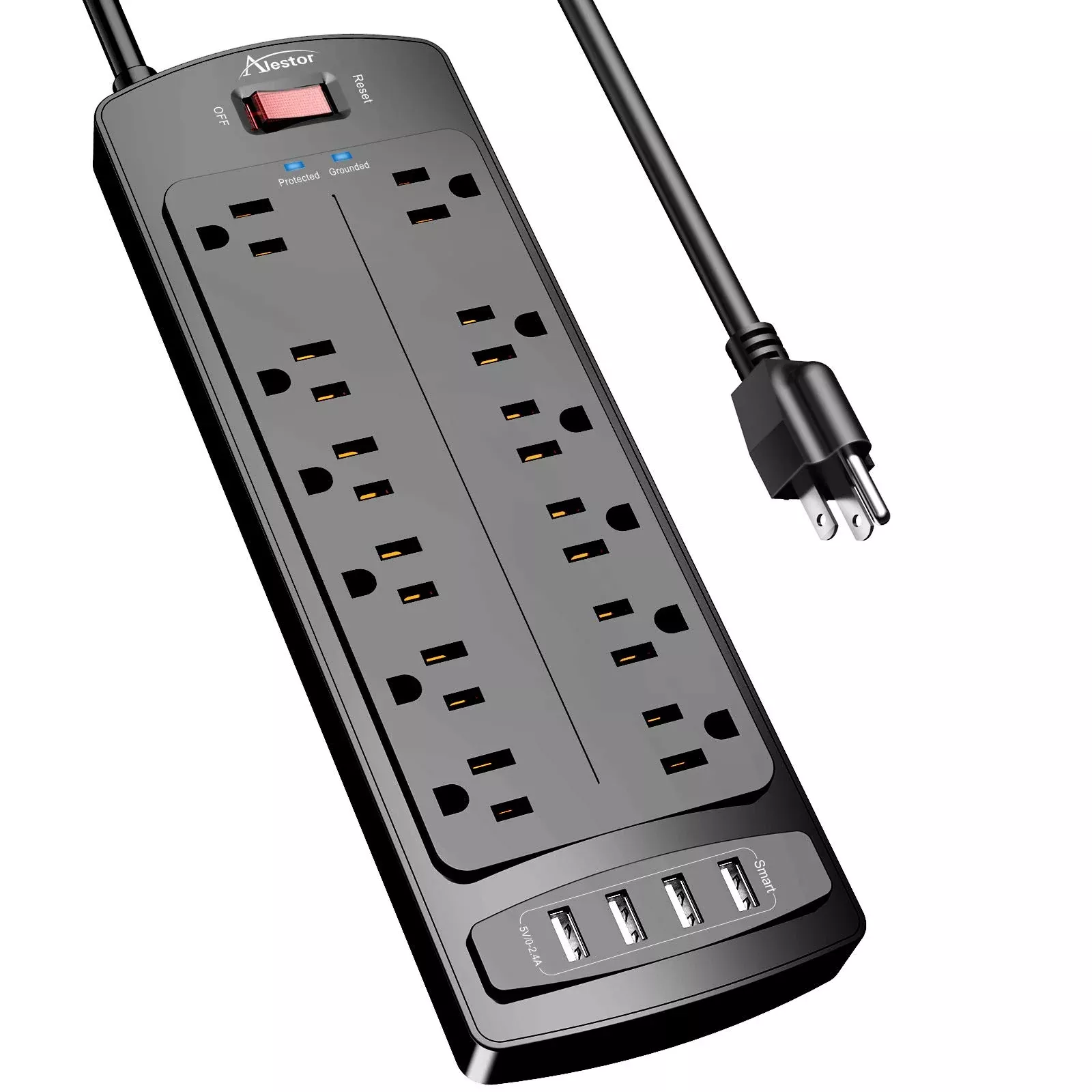 Power Strip, ALESTOR Surge Protector with 12 Outlets and 4 USB Ports, 6 Feet Extension Cord (1875W /15A), 2700 Joules, ETL Listed, Black