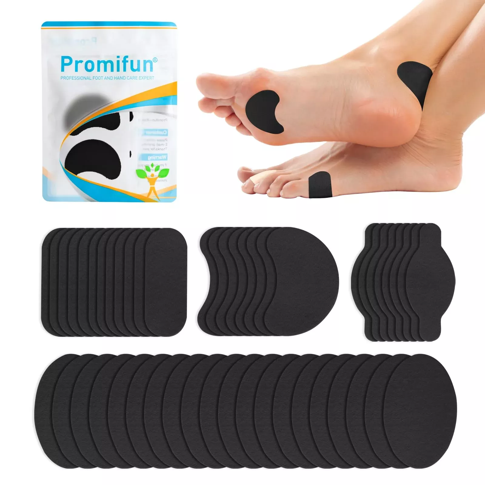 Promifun Moleskin Strips with Adhesive Blister Prevention Pads Mole Skin Tape Stickers for Feet Heel Shoes Padding-48 Sheets of 4 Shapes,Black