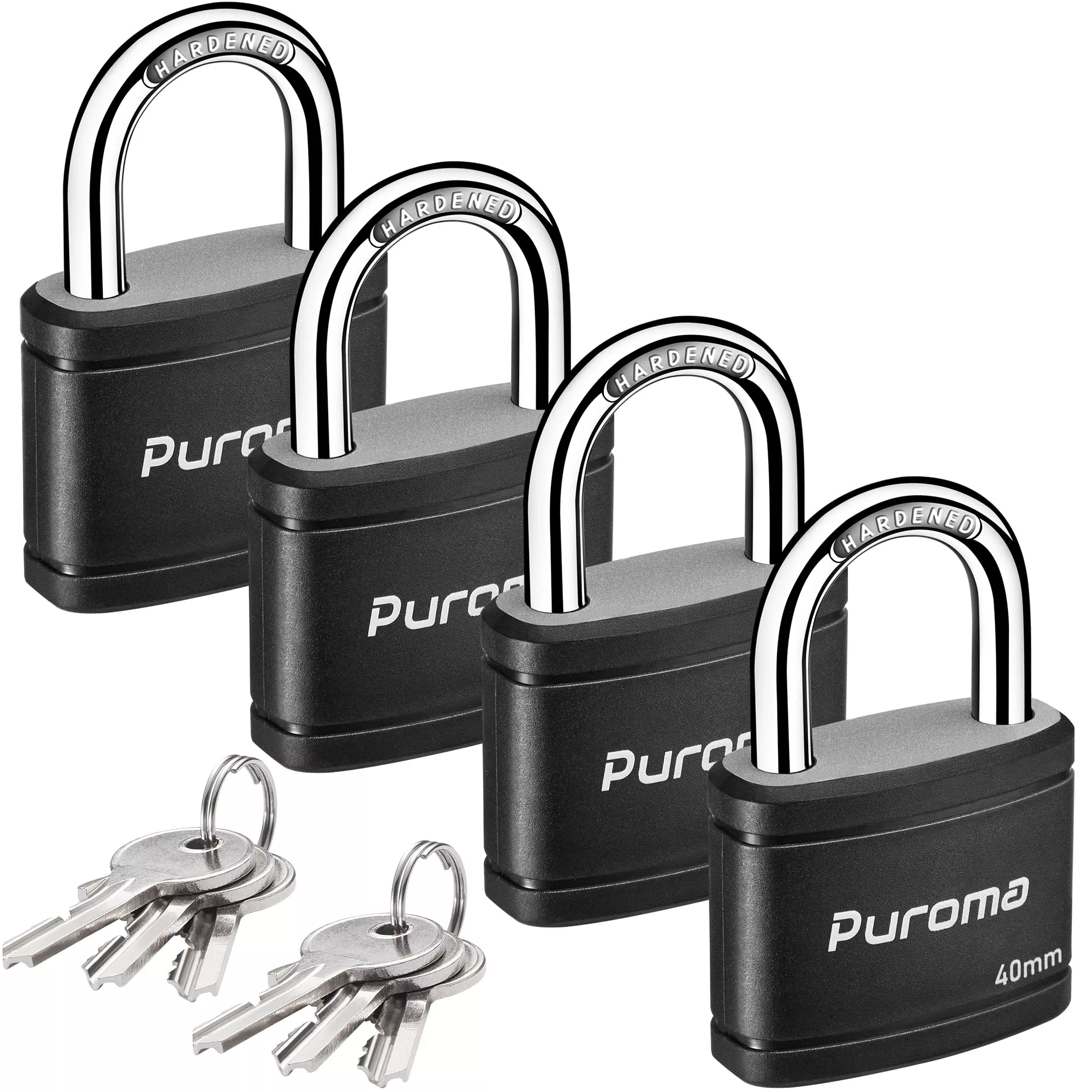Puroma 4 Pack Keyed Padlock with 6 Keys Alike, 1.1 Inch Locker Lock 40mm Heavy-Duty Locks for Gate Fence Hasp Cabinet Toolbox School Gym Locker (Black)