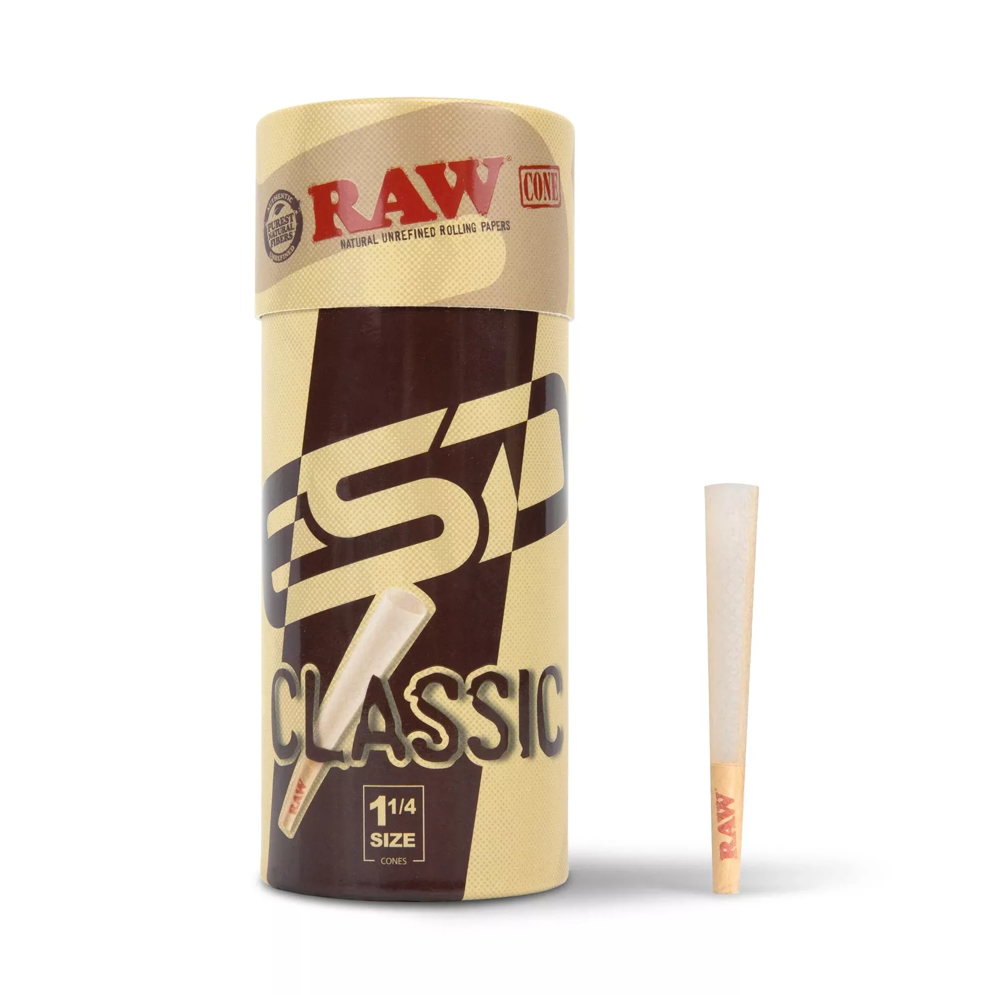 RAW Cones Classic 1-1 /4 Size - 50 Pack - Slow Burning Pre Rolled Cones made of Paper with Tips & Packing Tubes Included