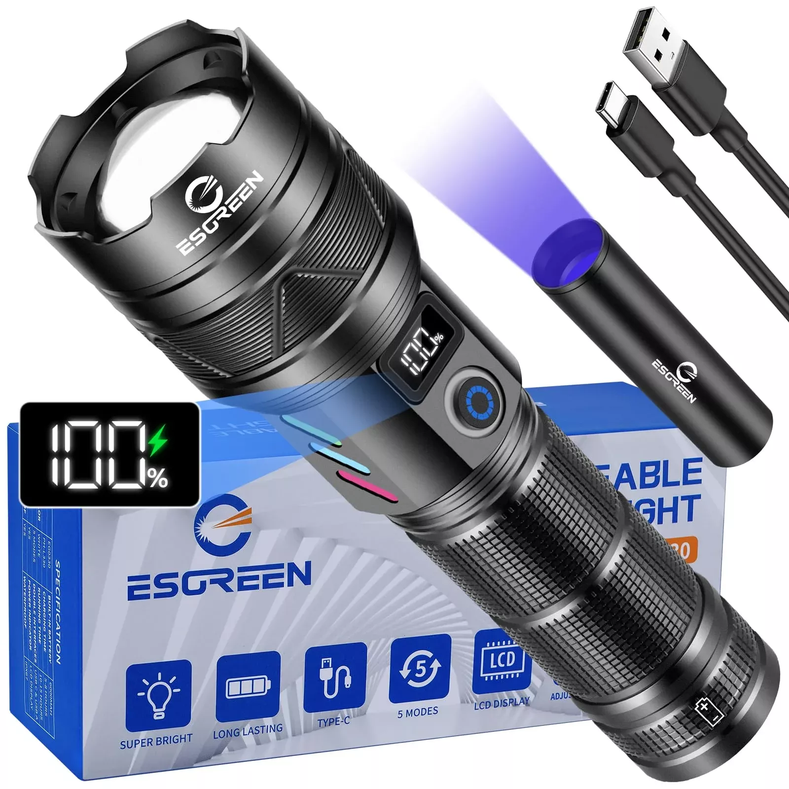 Rechargeable Flashlights 100000 High Lumens, Long Range 5000ft, Super Bright LED Flashlight USB C, High Powerd Multi-functional Heavy Duty Strong Flash Light High Beam, For Emergency Home Camping