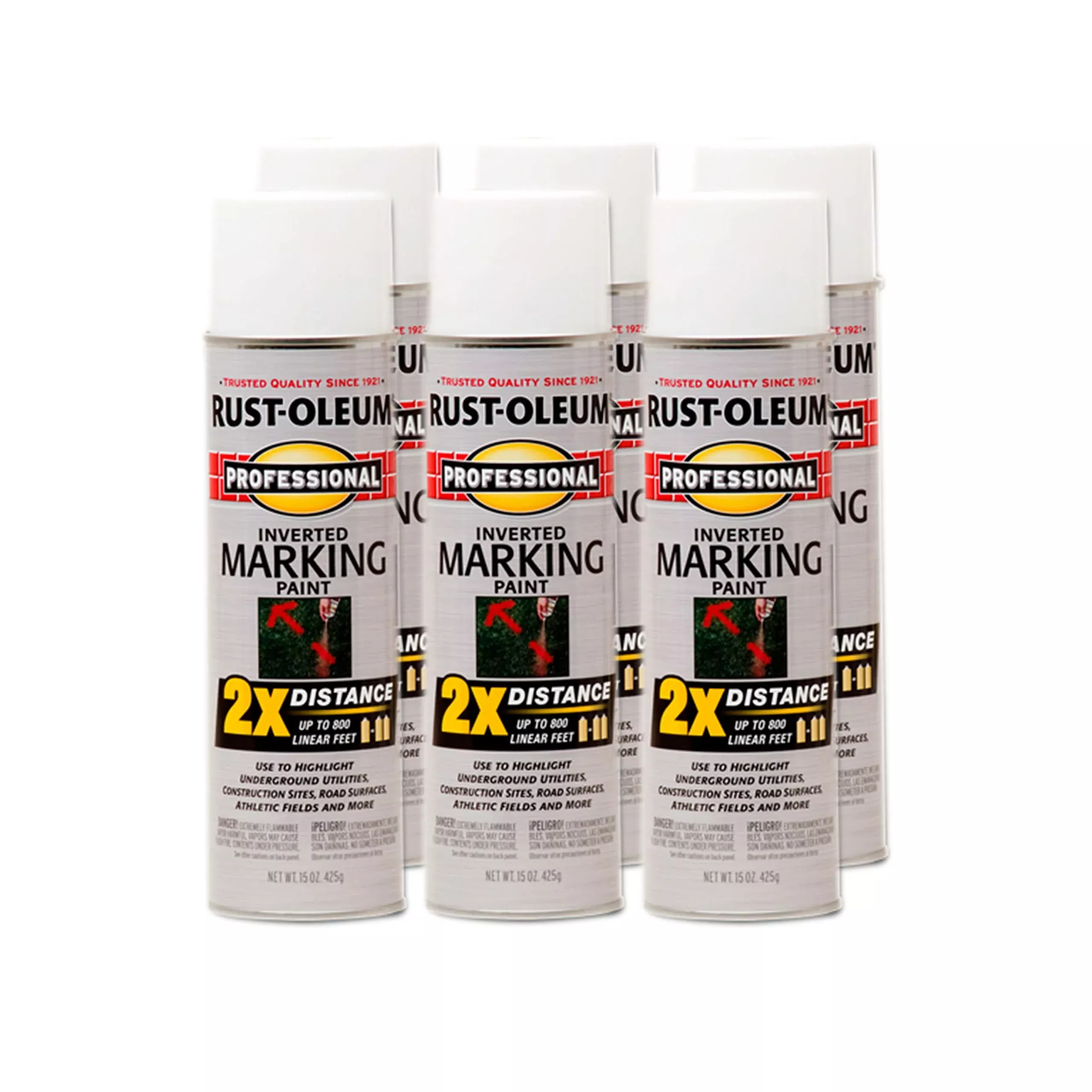 Rust-Oleum 266593-6PK Professional 2X Distance Inverted Marking Spray Paint, 15 oz, White, 6 Pack