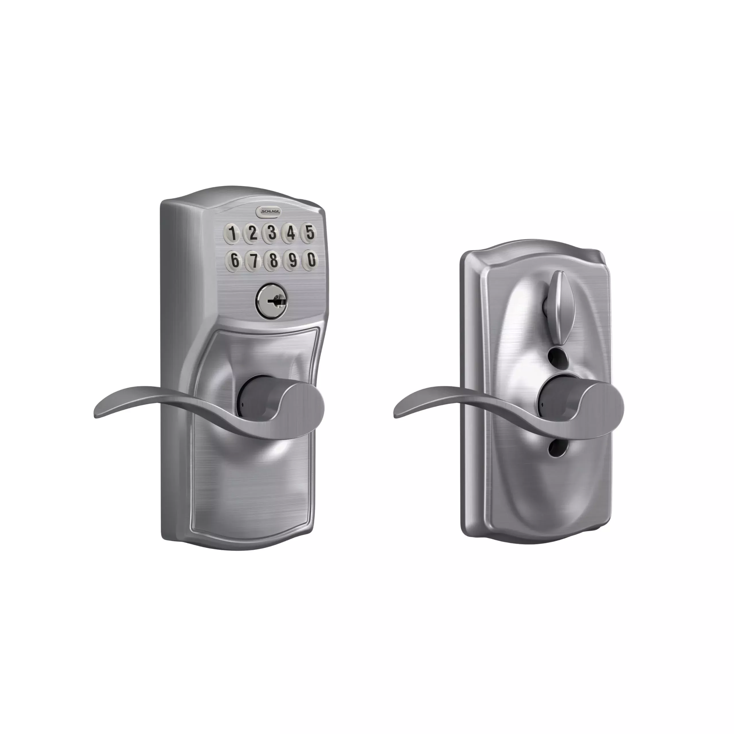Schlage Camelot Keypad Lock with Lever Handle, Electronic Keyless Door Entry, Flex Lock Auto‑Lock Option, Satin Chrome, FE595 CAM 626 ACC
