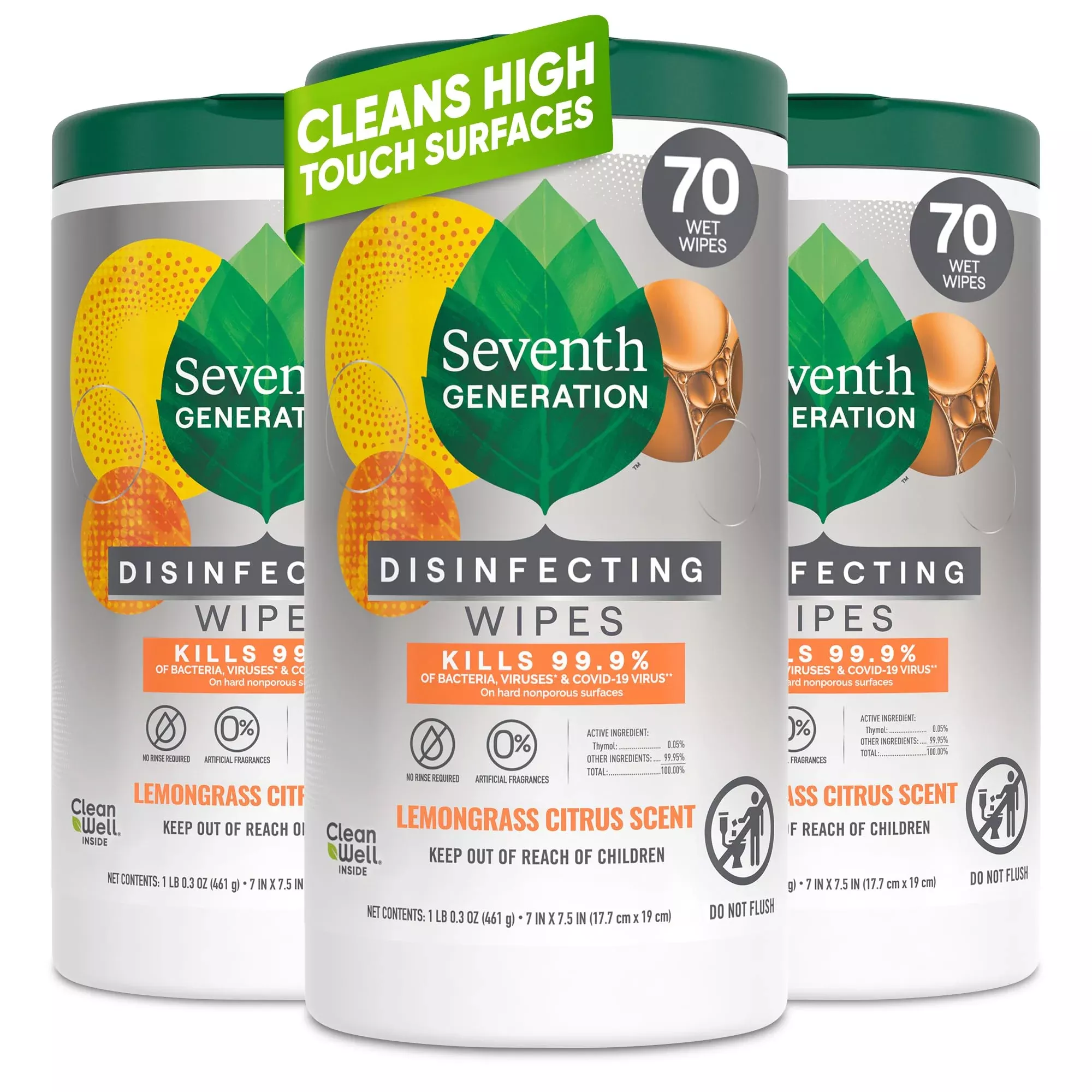 Seventh Generation Disinfecting Wipes, Lemongrass Citrus, 70 Count, 3 Pack, Botanical Multi-Surface Cleaner Kills 99.9% Germs, No Bleach, Plant-Based Formula for Home, Kitchen, Bathroom, Car Interior