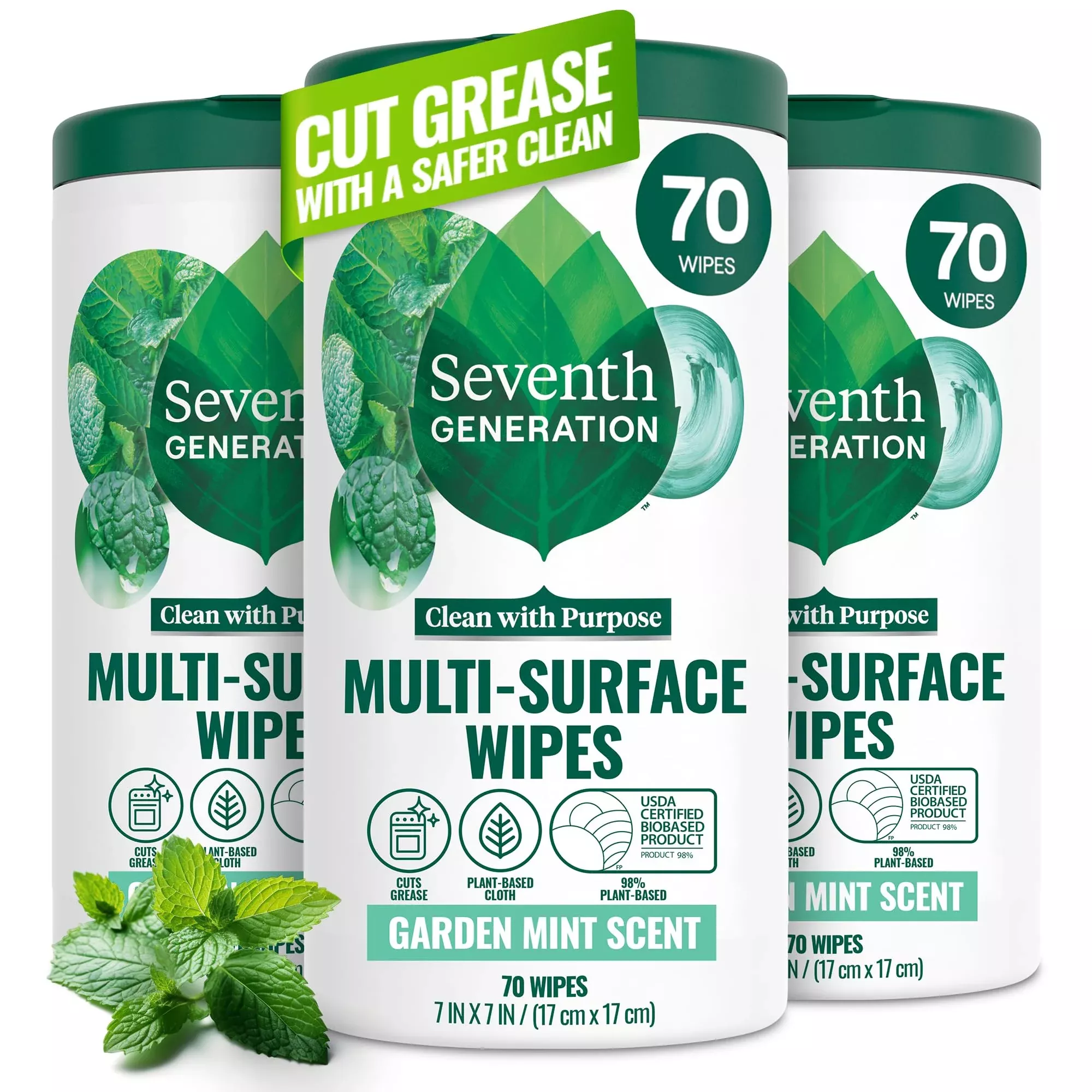 Seventh Generation Multi-Surface Wipes, 70 Count, Pack of 3, Garden Mint, Plant-Based Cleaning Wipes, No Harsh Fumes or Residue, Safe Around Kids