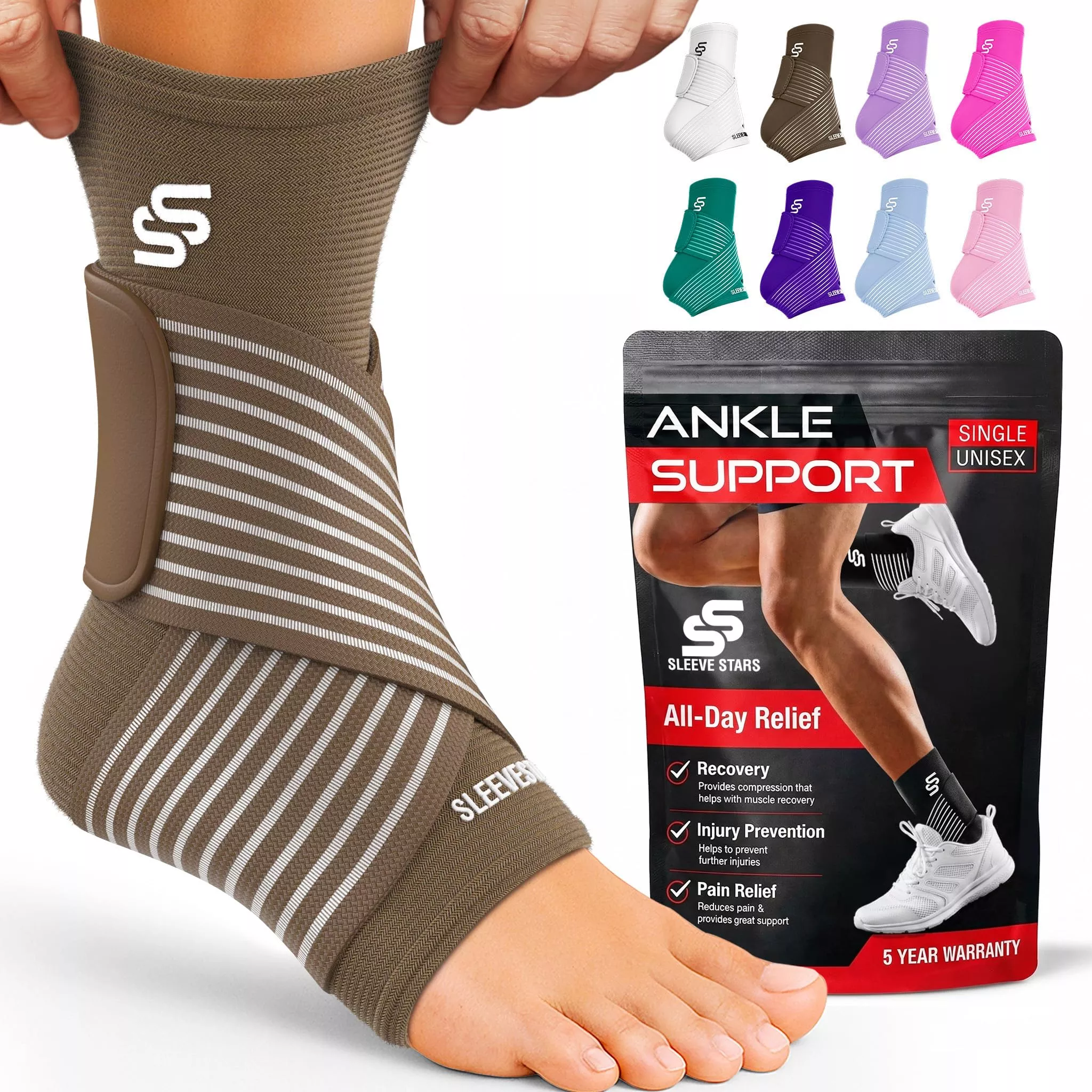 Sleeve Stars Ankle Brace for Women & Men, Ankle Wrap for Sprain, Compression Sleeve for Plantar Fasciitis Relief, Easy Customizable Support: w / Removable Strap (Single /M:10