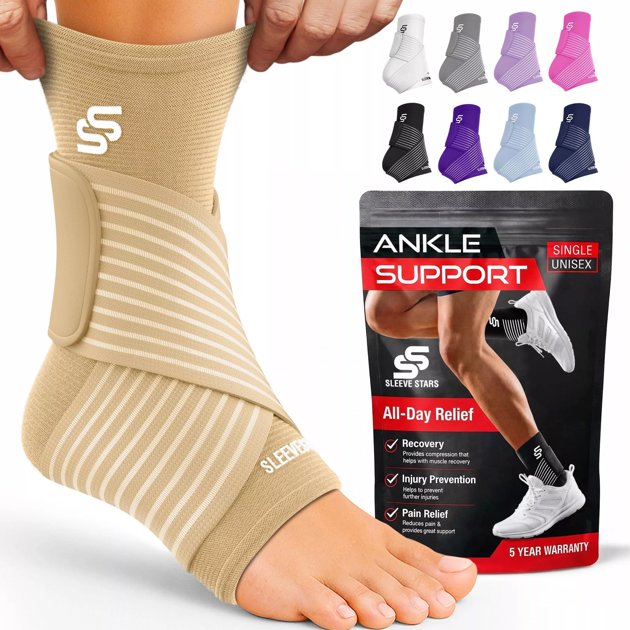 Sleeve Stars Ankle Brace for Women & Men, Ankle Wrap for Sprained Ankle, Compression Sleeve for Plantar Fasciitis Relief, Easy Customizable Support: w /Removable Strap (Single /S:9