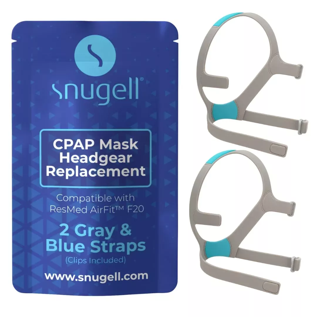 Snugell Strap Replacement for ResMed AirFit F20 Full Face Mask CPAP Machines – Ultra-Soft Elastic Nylon Headband for Secure, Comfortable Fit – CPAP Supplies – Regular 2 Pack - Gray and Blue