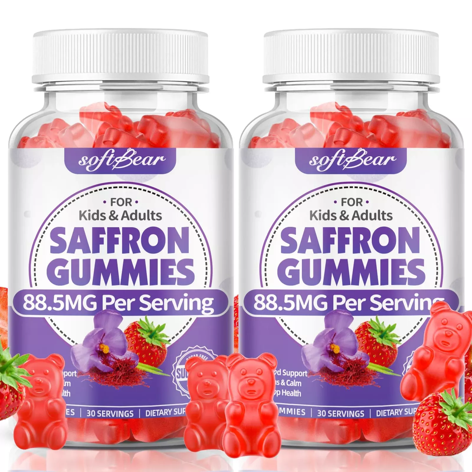 softbear Saffron Gummies for Kids & Adults, 10-in-1 Organic Saffron Supplements with 88.5mg Saffron Extract Support Calm Mind & Focus & Zzz, Sugar Free /Non-GMO, Strawberry Flavor 120 Count
