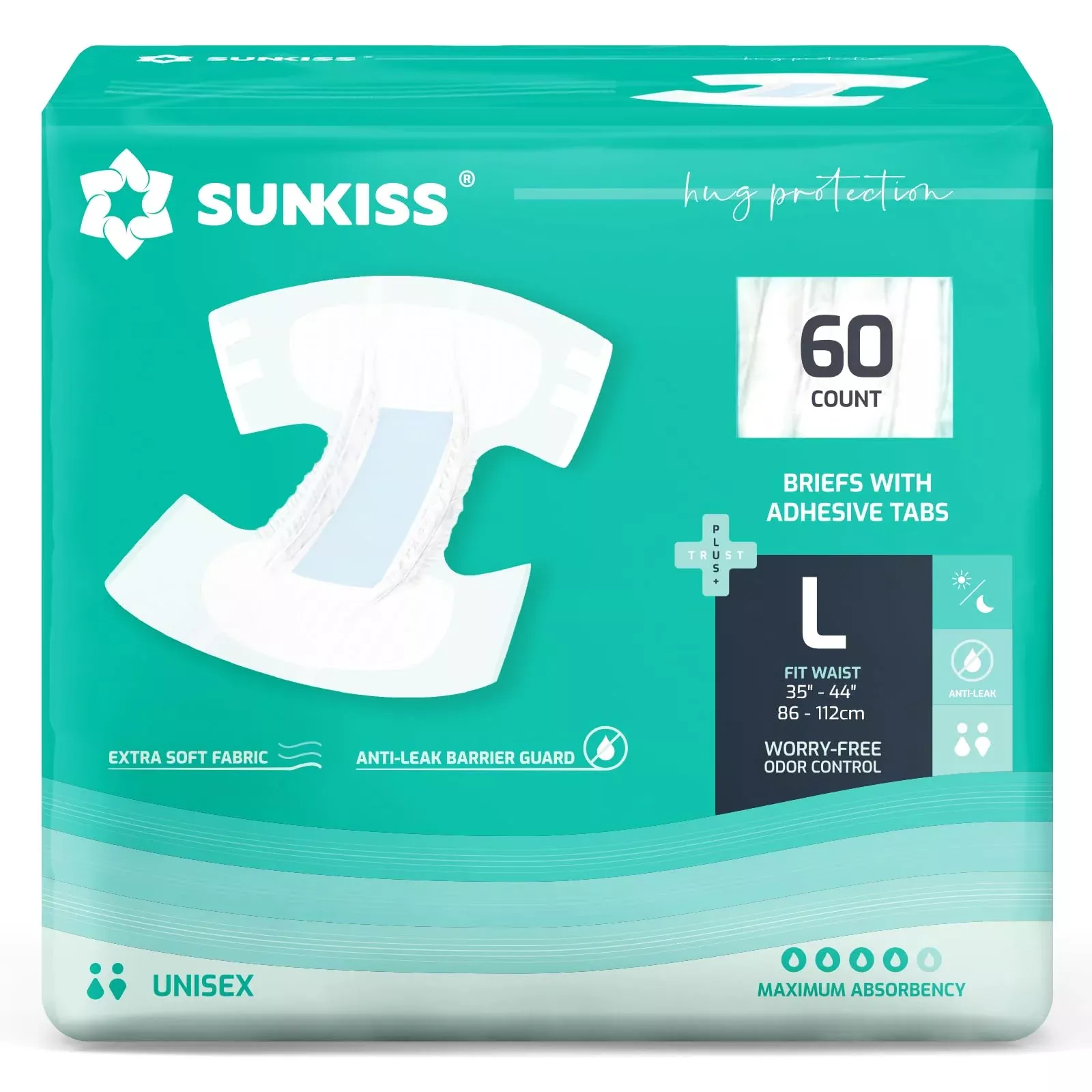 SUNKISS TrustPlus Adult Diapers with Maximum Absorbency, Disposable Incontinence Briefs with Tabs for Men and Women, Odor Control, XXLarge, 15 Count