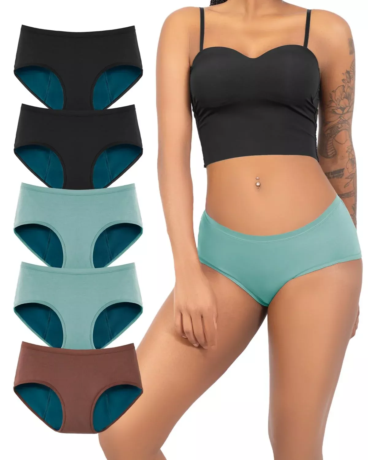 TIICHOO Period Underwear for Women Heavy Flow 50 ml Absorbency Leakproof Panties for Menstrual Incontinence 5 Pack (2 Black /2 Turquoise /1 Brown, Medium)