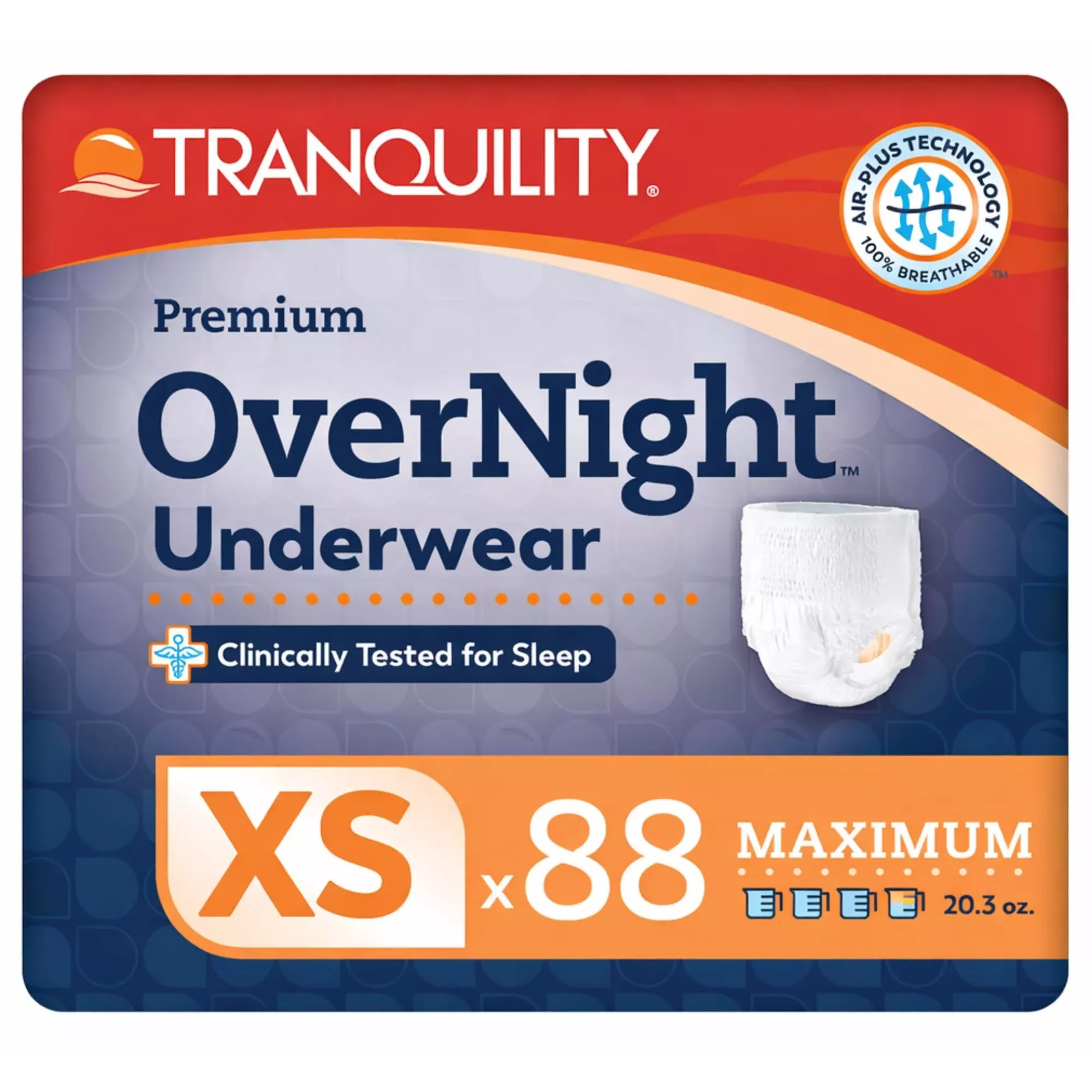 Tranquility Premium OverNight Disposable Absorbent Underwear (88 Count) - XS, 17-28 in. Waist - Maximum Absorbency, All-Night Sleep, Breathable Comfort, 88 Adult Diapers