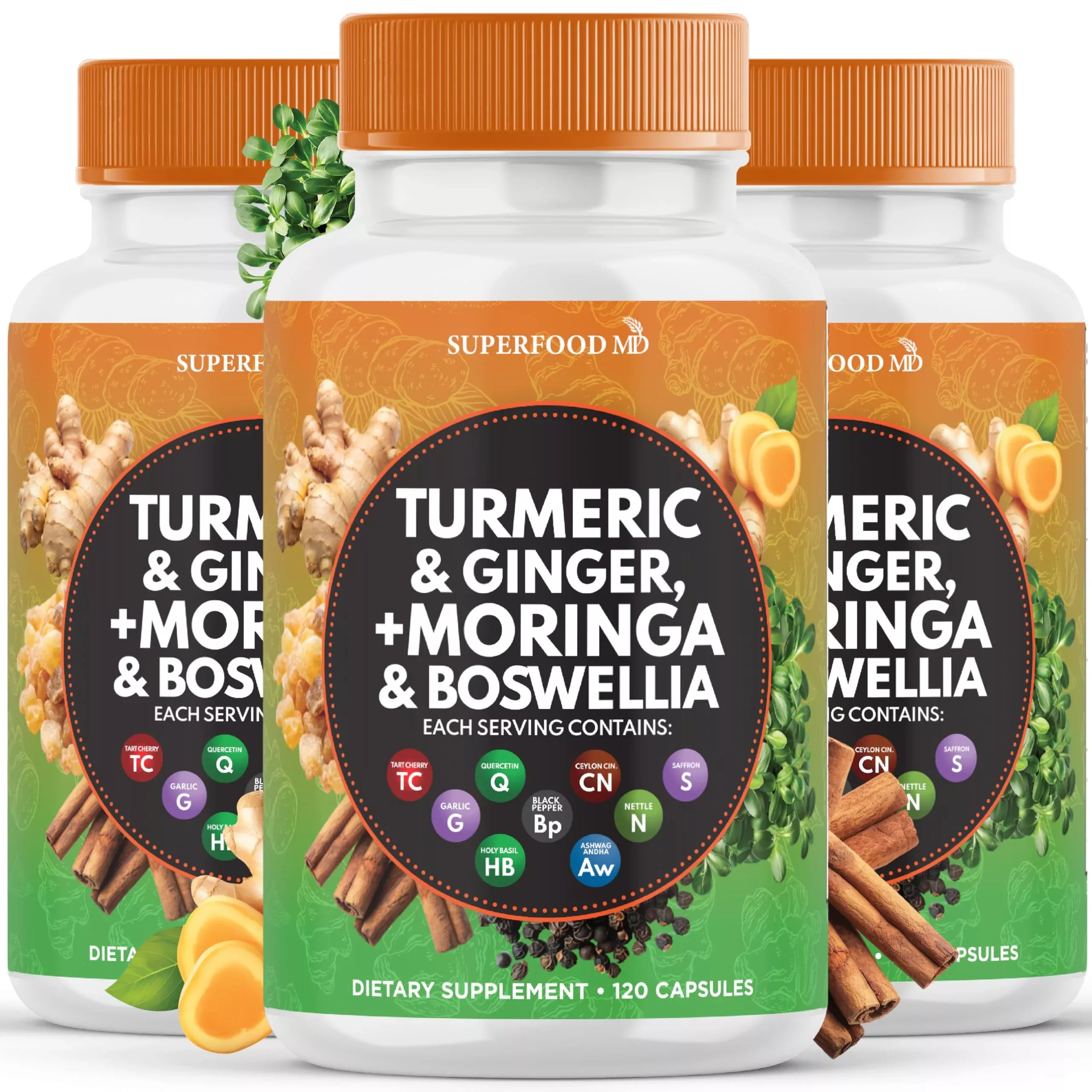 Turmeric Moringa Supplement | Ginger, Boswellia, Saffron, Holy Basil- Joint Support Supplement for Women and Men with Ceylon Cinnamon, Quercetin, Tart Cherry- 120 Count