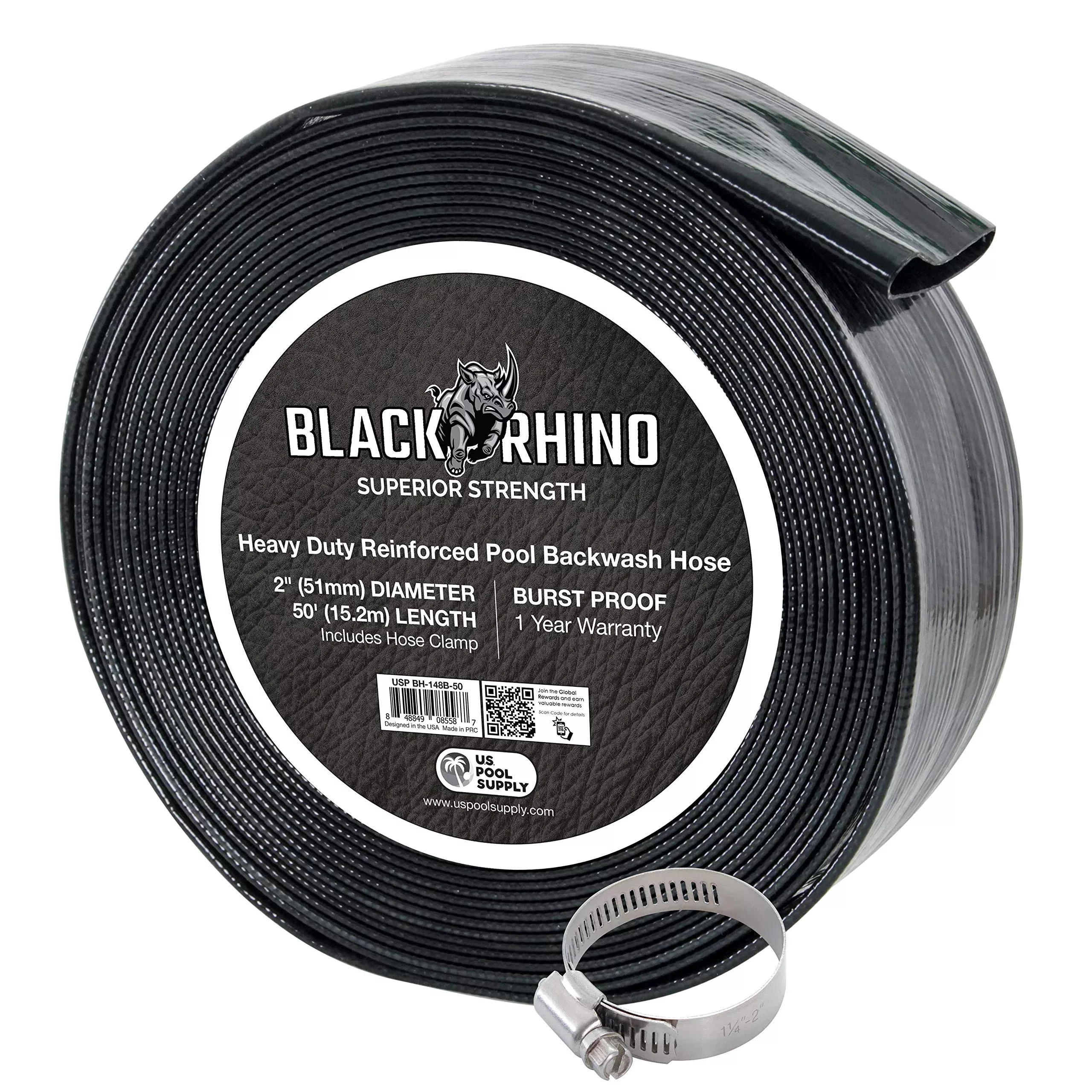 U.S. Pool Supply Pool Backwash Hose 2 Inch Diameter x 50 Feet - Discharge Hose for Pump, Sand Filter & Sump Pump Hoses - Burst Resistant Lay Flat Drainage Hoses for Inground & Above Ground Pools