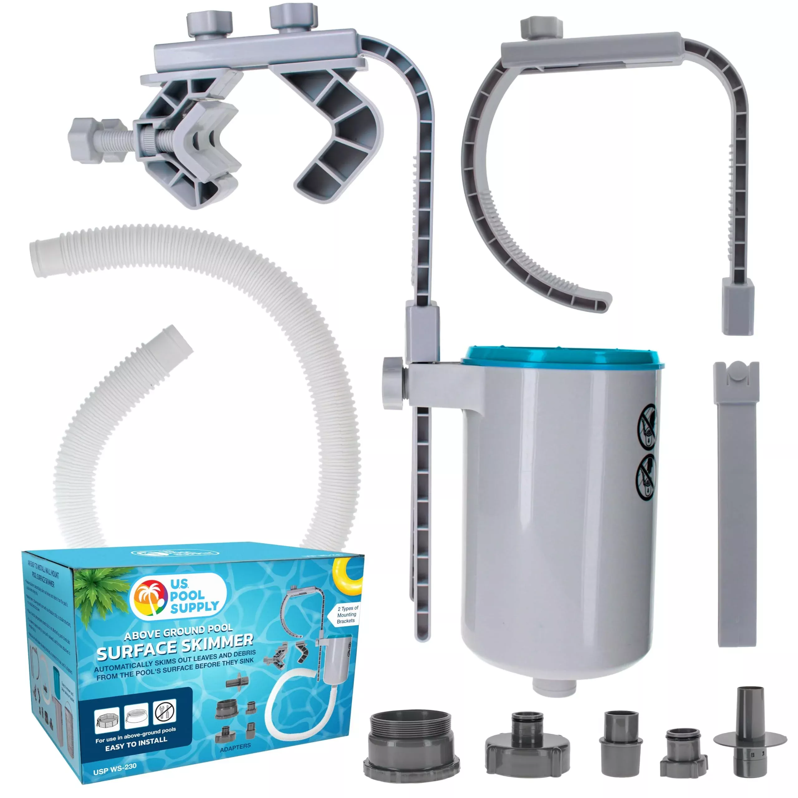 U.S. Pool Supply Pool Skimmer - Above Ground Pool Skimmer, Floating Surface Skimmer, 5 Adapters, Pool Accessories - Clean Dirt Basket, Wall Mount, Attach to Inflatable Collars, Tubular, Metal Frames